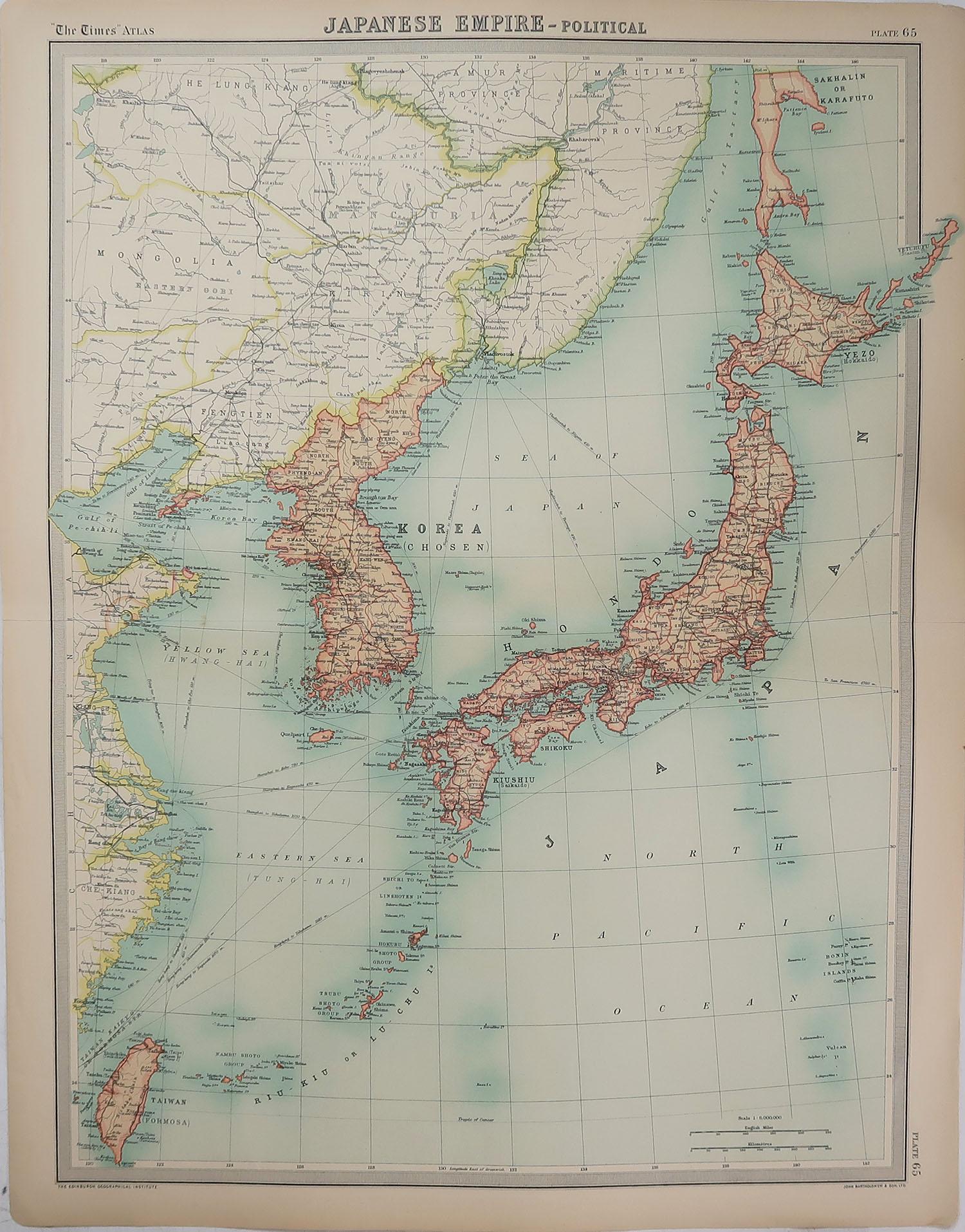 Great maps of Japan

Unframed

Original color

By John Bartholomew and Co. Edinburgh Geographical Institute

Published, circa 1920

Free shipping.
  