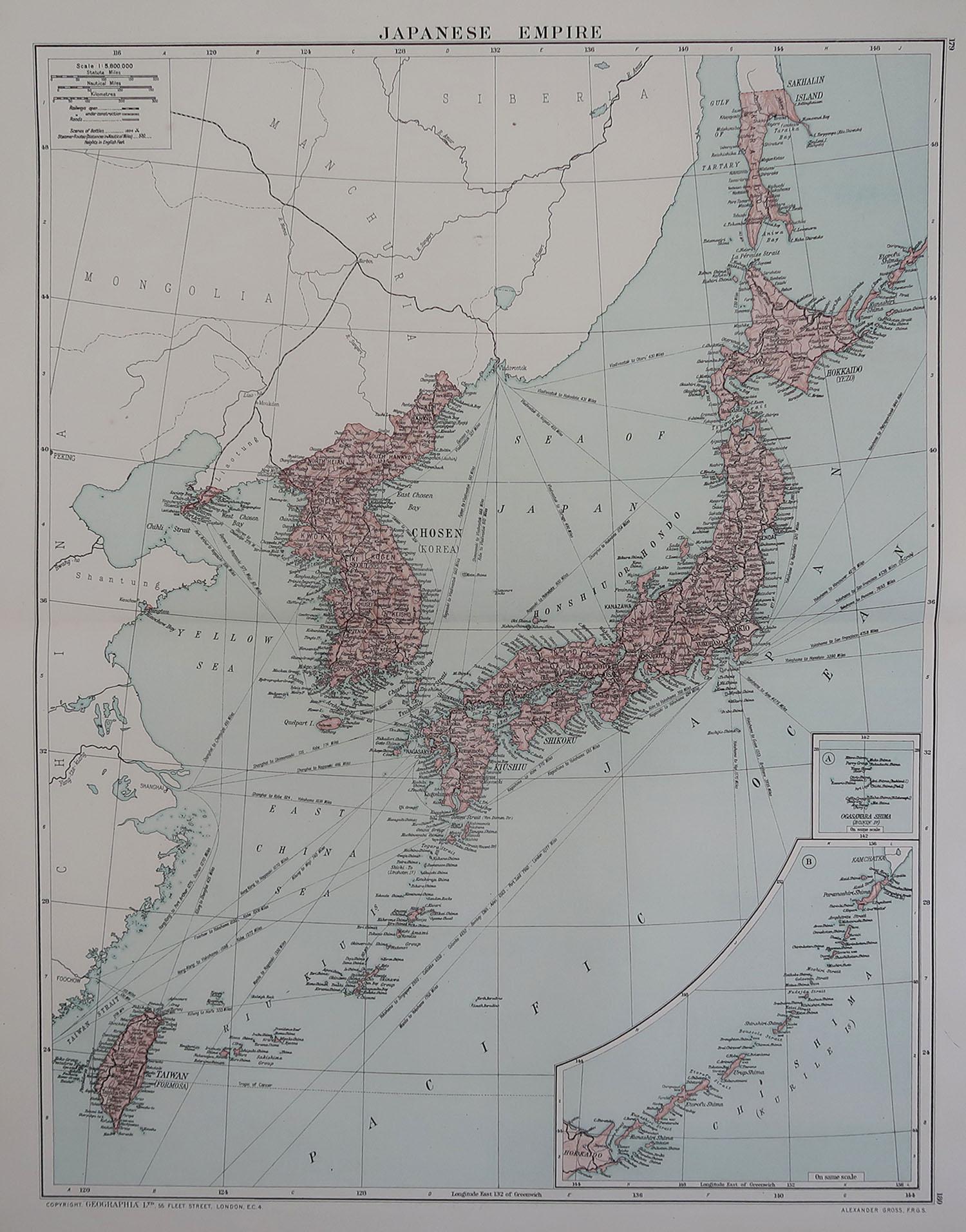 Great map of Japan

Original color. Good condition

Published by Alexander Gross

Unframed.










