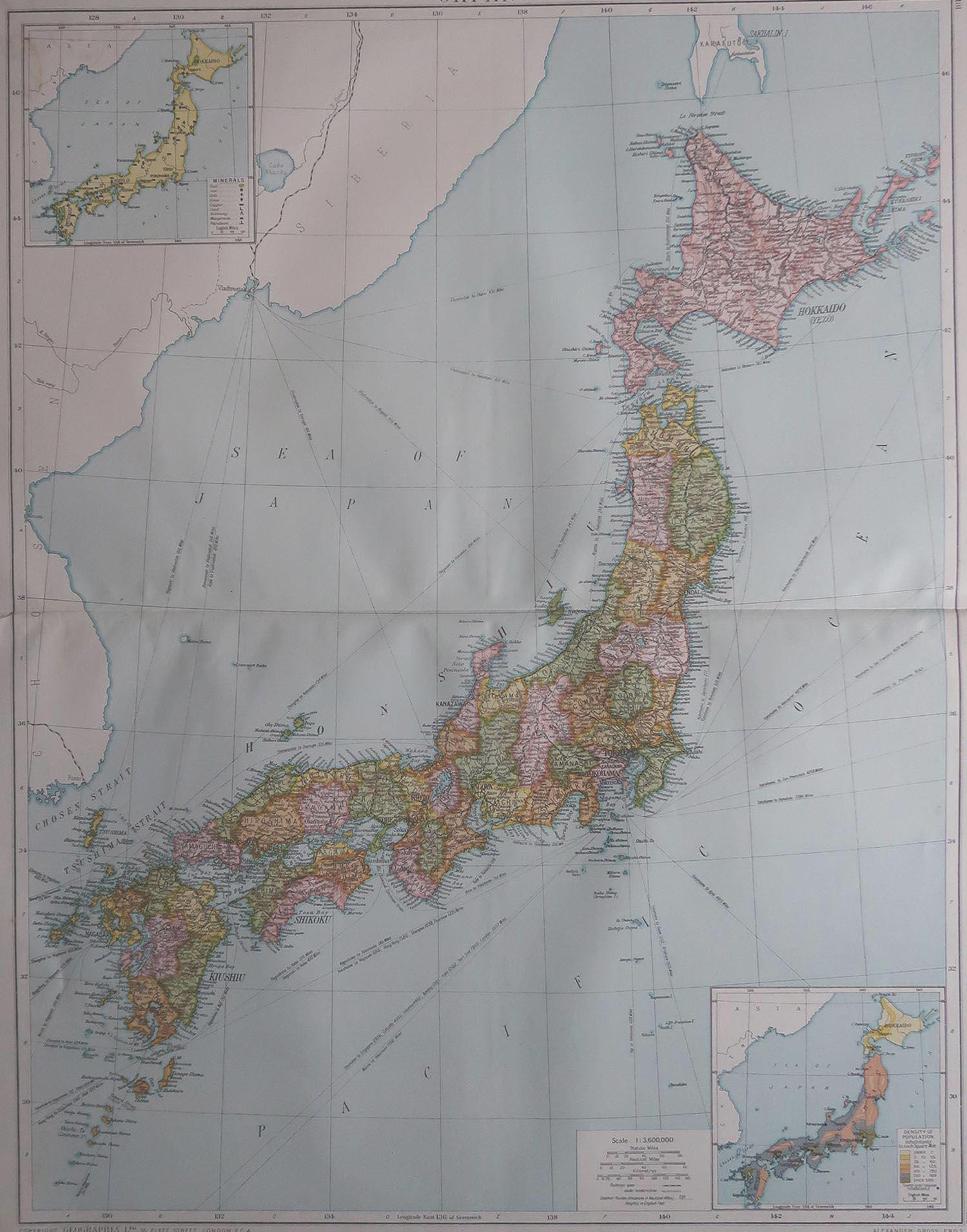 Great map of Japan

Original color. Good condition

Published by Alexander Gross

Unframed.








