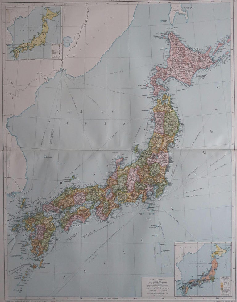 Large Original Vintage Map of Japan, circa 1920 For Sale at 1stDibs