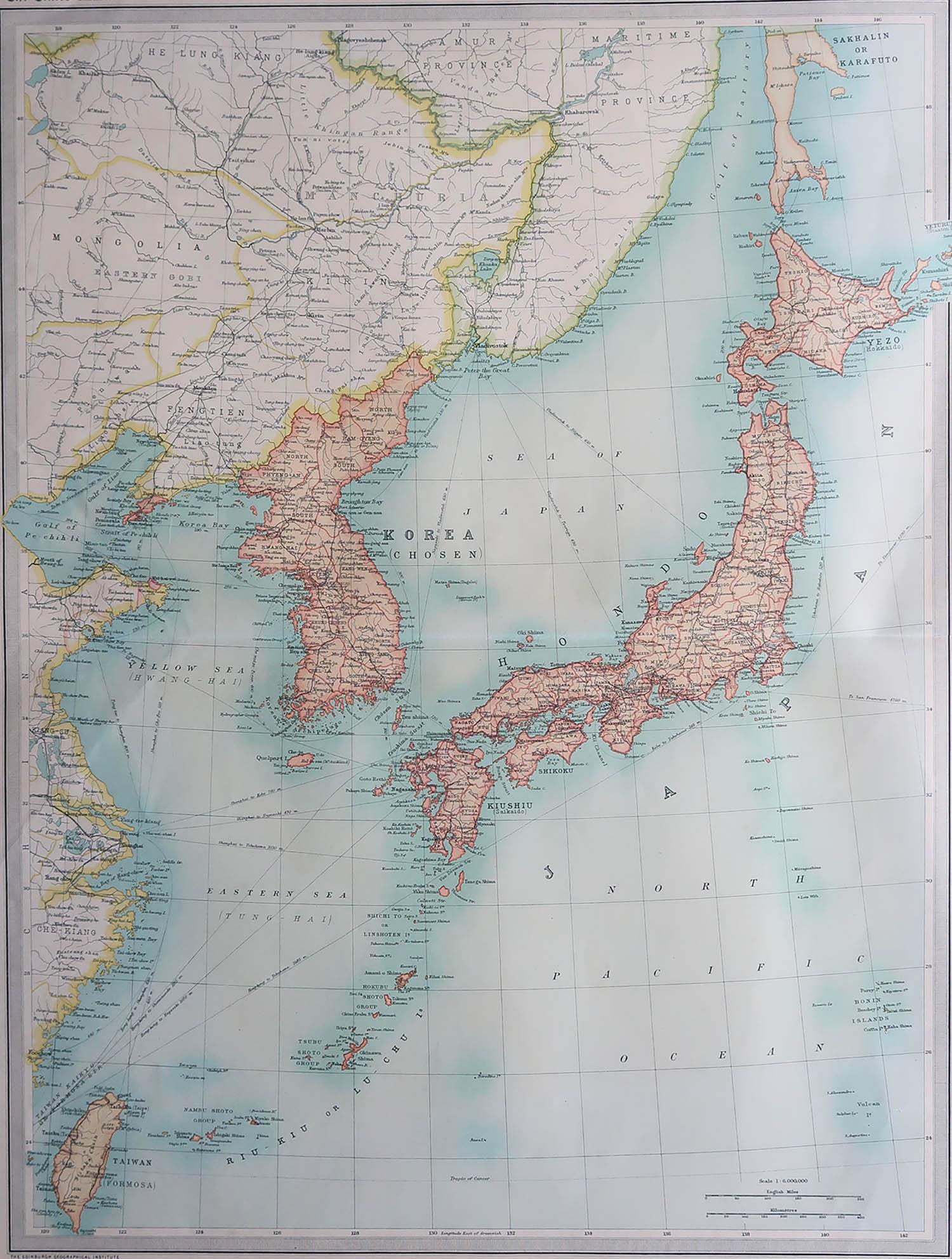 Great map of Japan

Unframed

Original color

By John Bartholomew and Co. Edinburgh Geographical Institute

Published, circa 1920

Free shipping.
 
