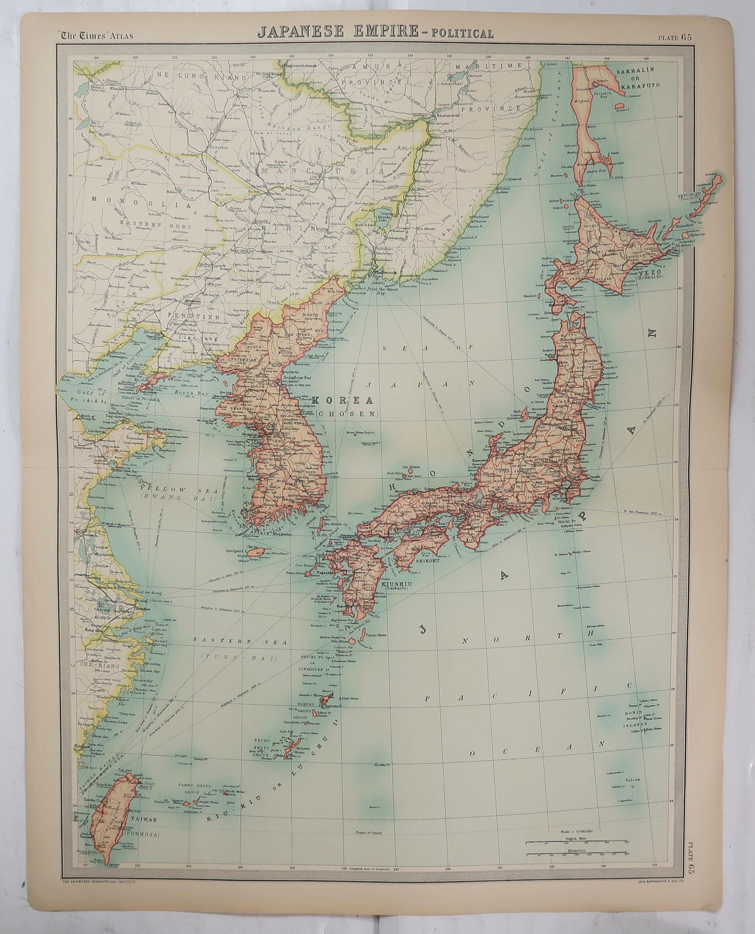 British Large Original Vintage Map of Japan, circa 1920