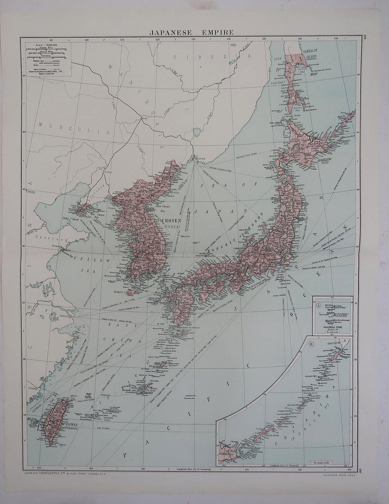 Large Original Vintage Map of Japan, circa 1920 For Sale at 1stDibs