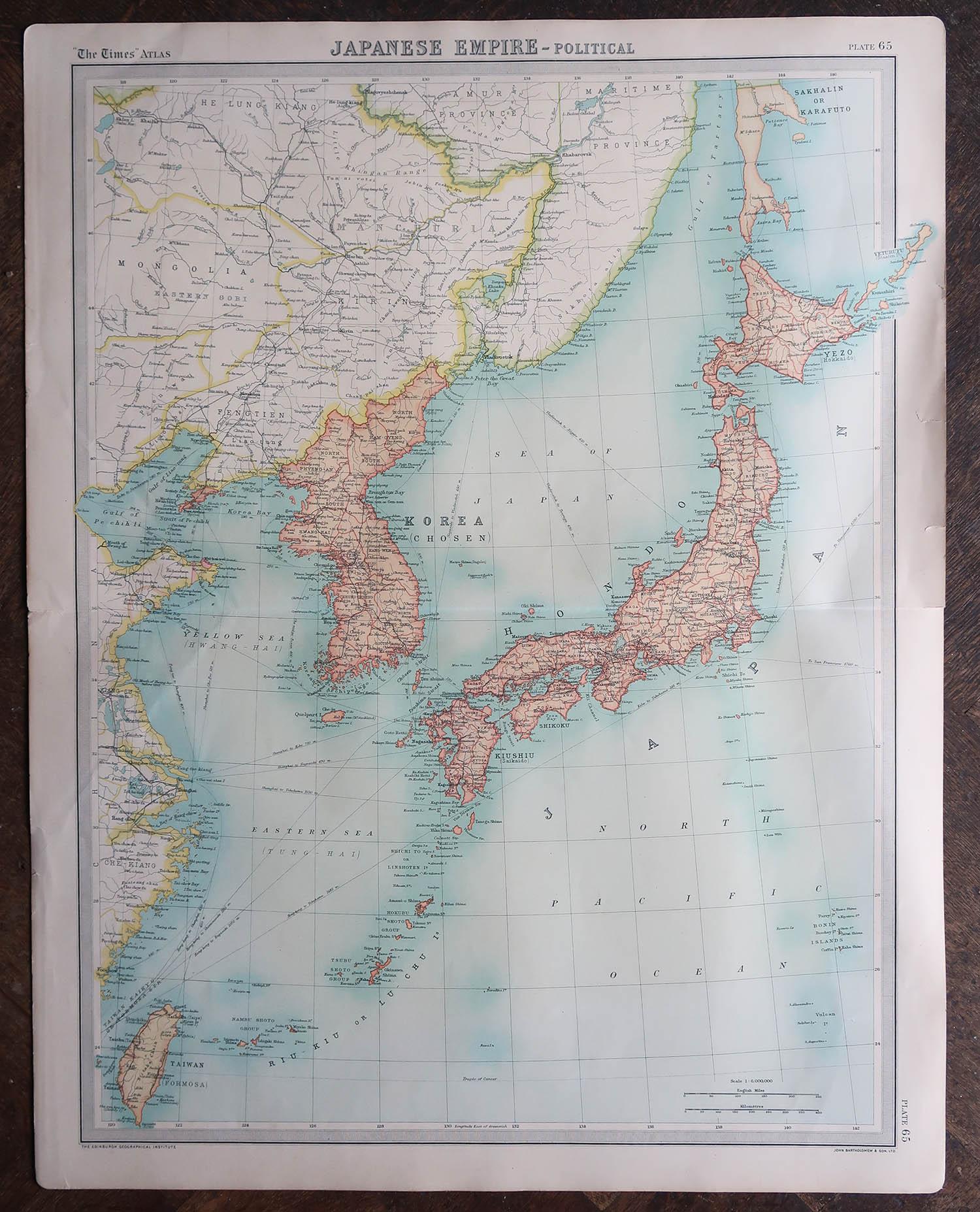 British Large Original Vintage Map of Japan, circa 1920 For Sale