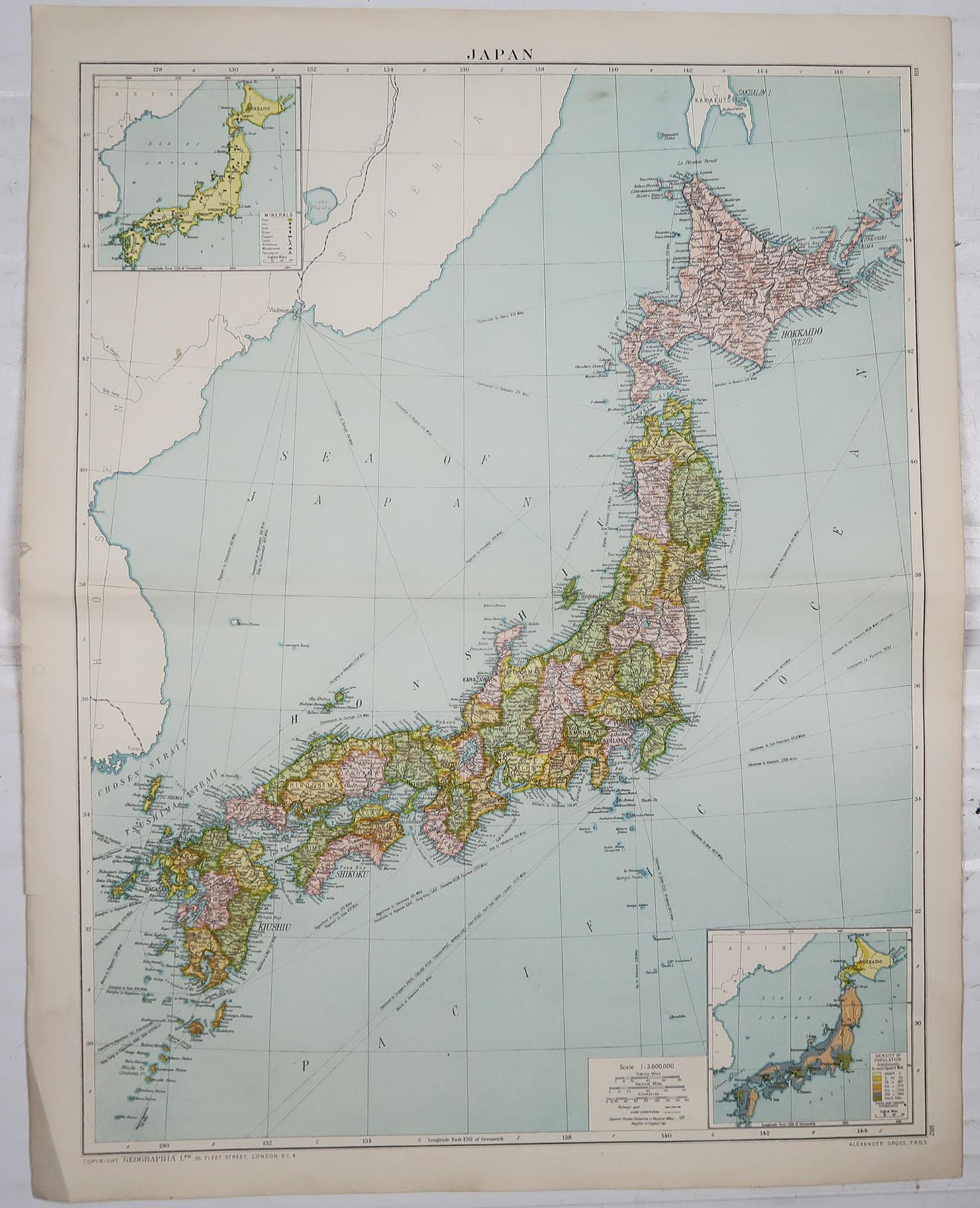 English Large Original Vintage Map of Japan, circa 1920