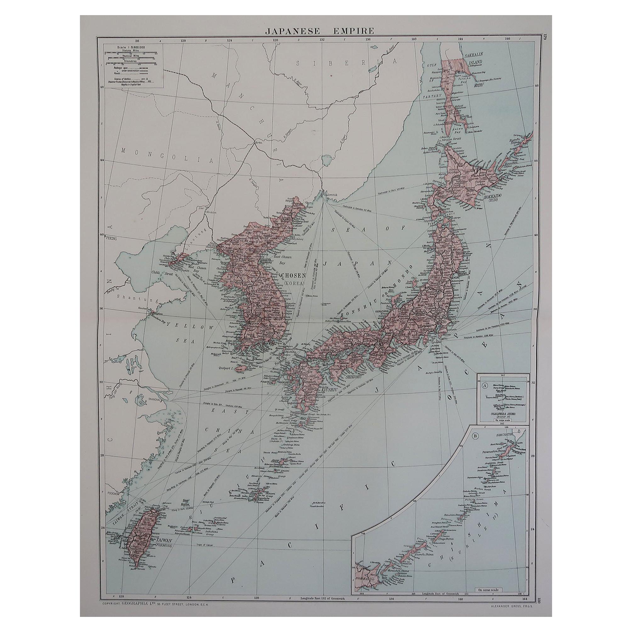 Large Original Vintage Map of Japan, circa 1920 For Sale