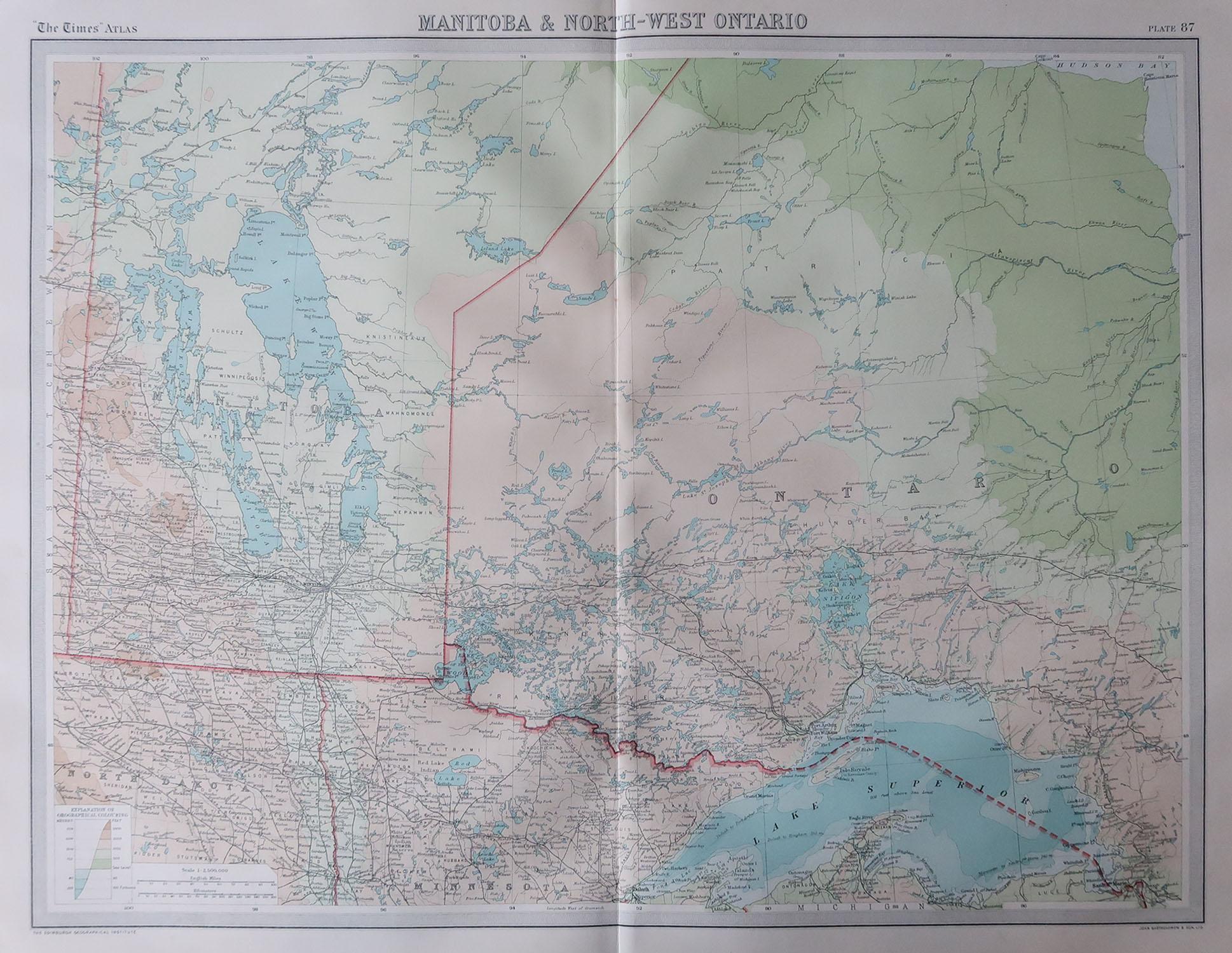 Great map of Manitoba and part of Ontario

Unframed

Original color

By John Bartholomew and Co. Edinburgh Geographical Institute

Published, circa 1920

Free shipping.
   