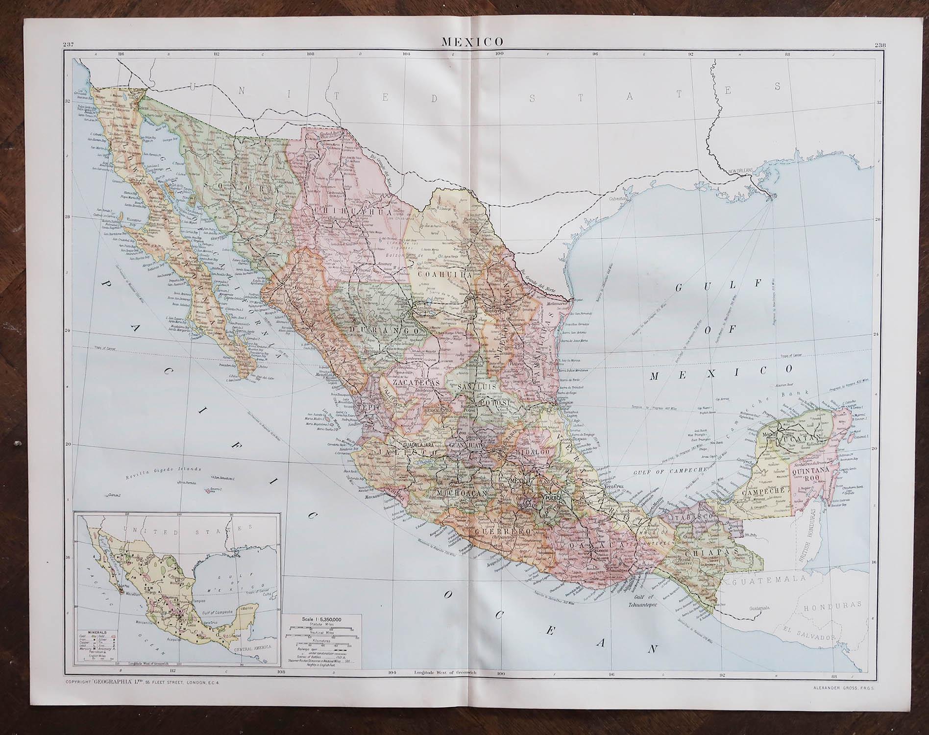 Große Original-Vintage-Karte von Mexiko, circa 1920 (Englisch) im Angebot