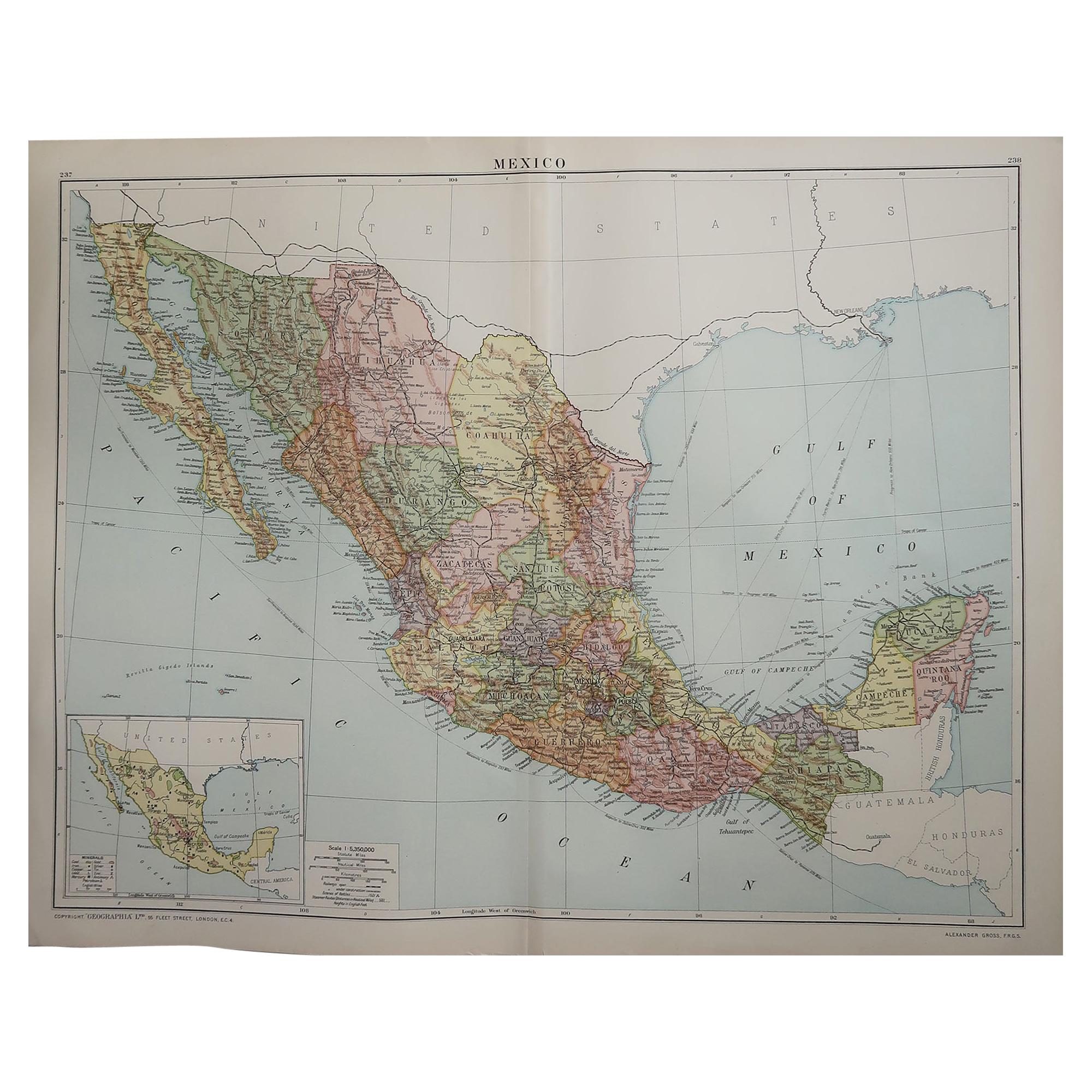 Large Original Vintage Map of Mexico, circa 1920
