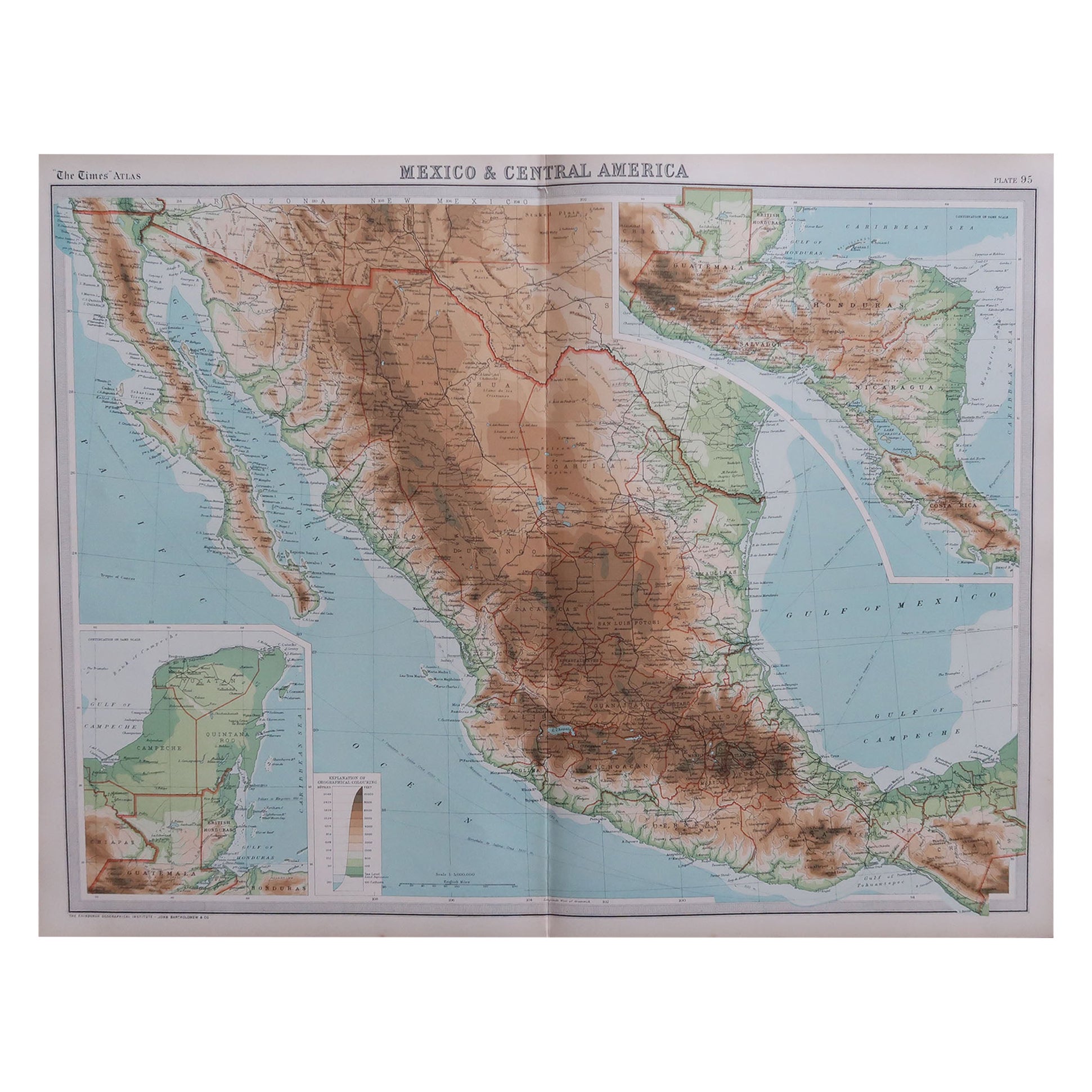 Large Original Vintage Map of Mexico, circa 1920