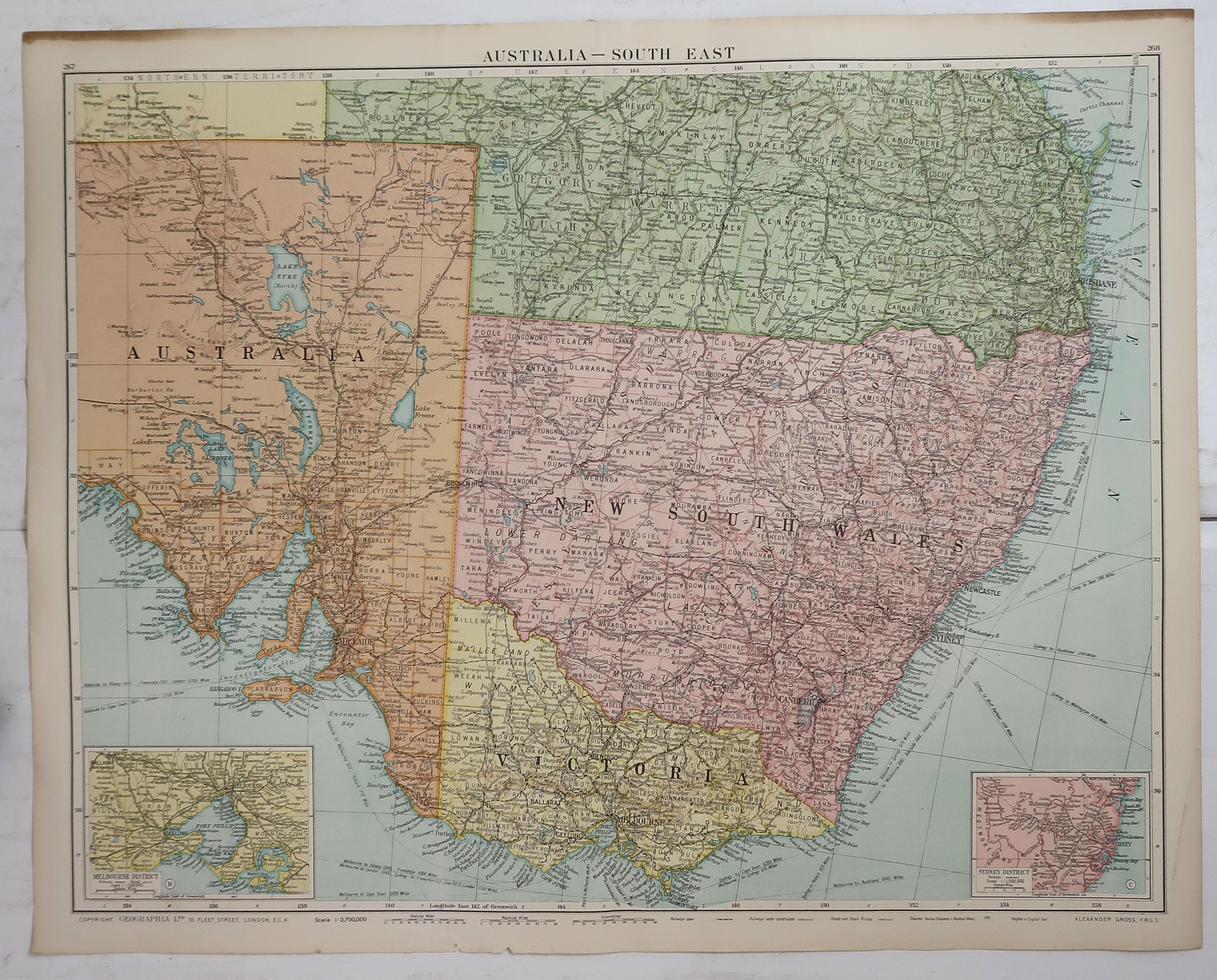 English Large Original Vintage Map of New South Wales, Australia, circa 1920