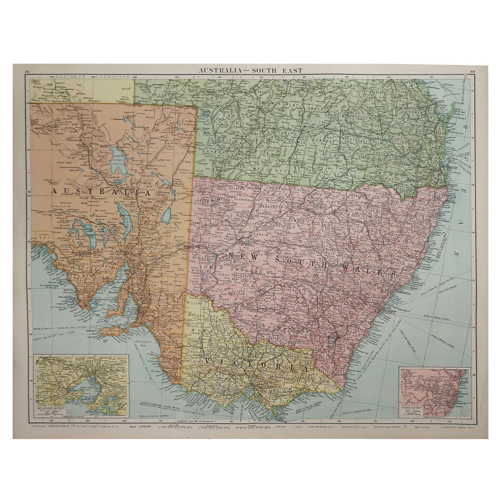 Grande carte originale vintage du Nouveau-Galles du Sud, Australie, vers 1920