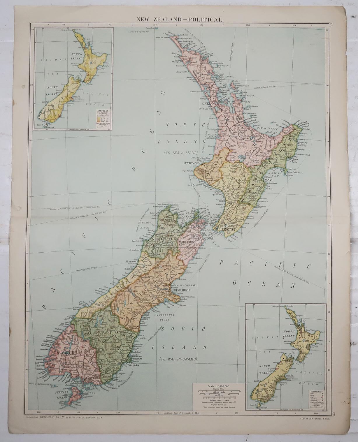 Victorian Large Original Vintage Map of New Zealand, circa 1920