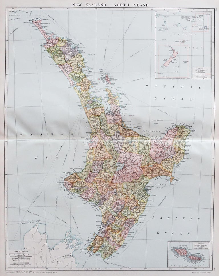 Large Original Vintage Map of New Zealand, North Island, circa 1920 For Sale at 1stDibs | large ...