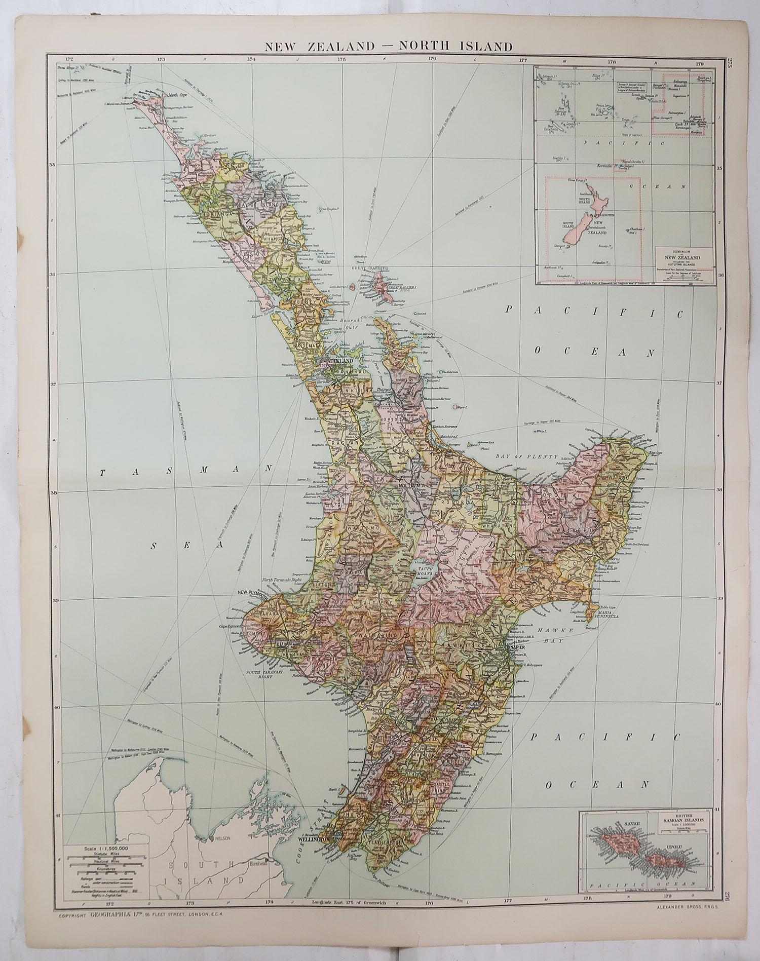 Edwardian Large Original Vintage Map of New Zealand, North Island, circa 1920