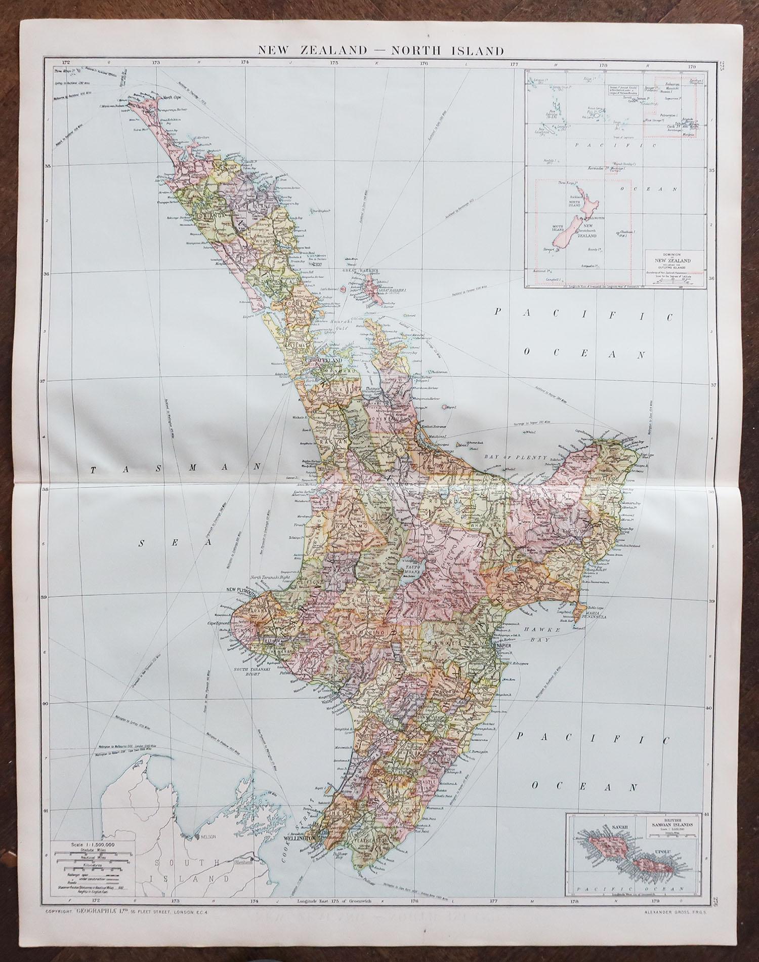 Große Original-Karte von Neuseeland, Nordinsel, ca. 1920 (Edwardian) im Angebot