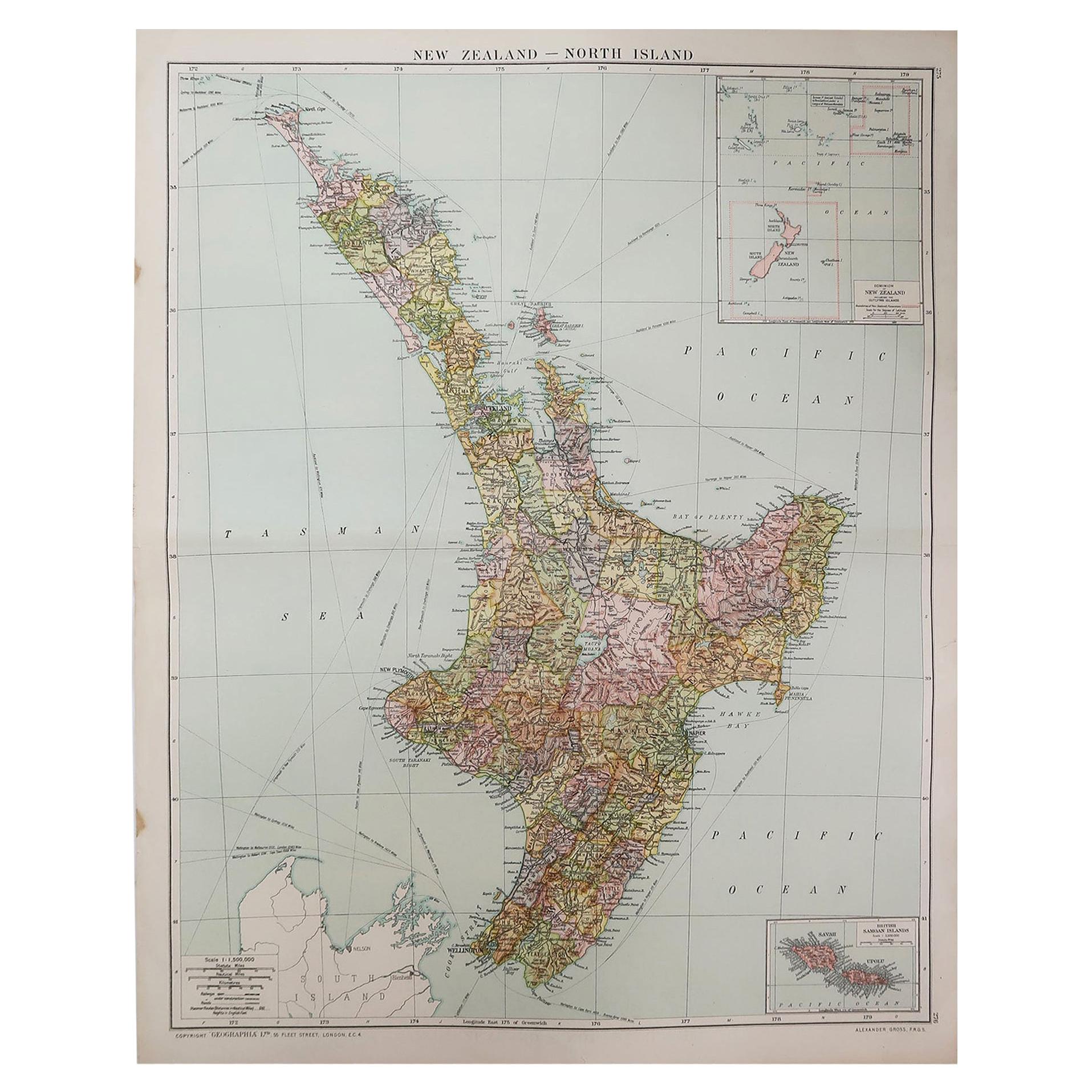 Large Original Vintage Map of New Zealand, North Island, circa 1920