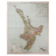 Grande carte vintage originale de la Nouvelle-Zélande:: île du Nord:: circa 1920