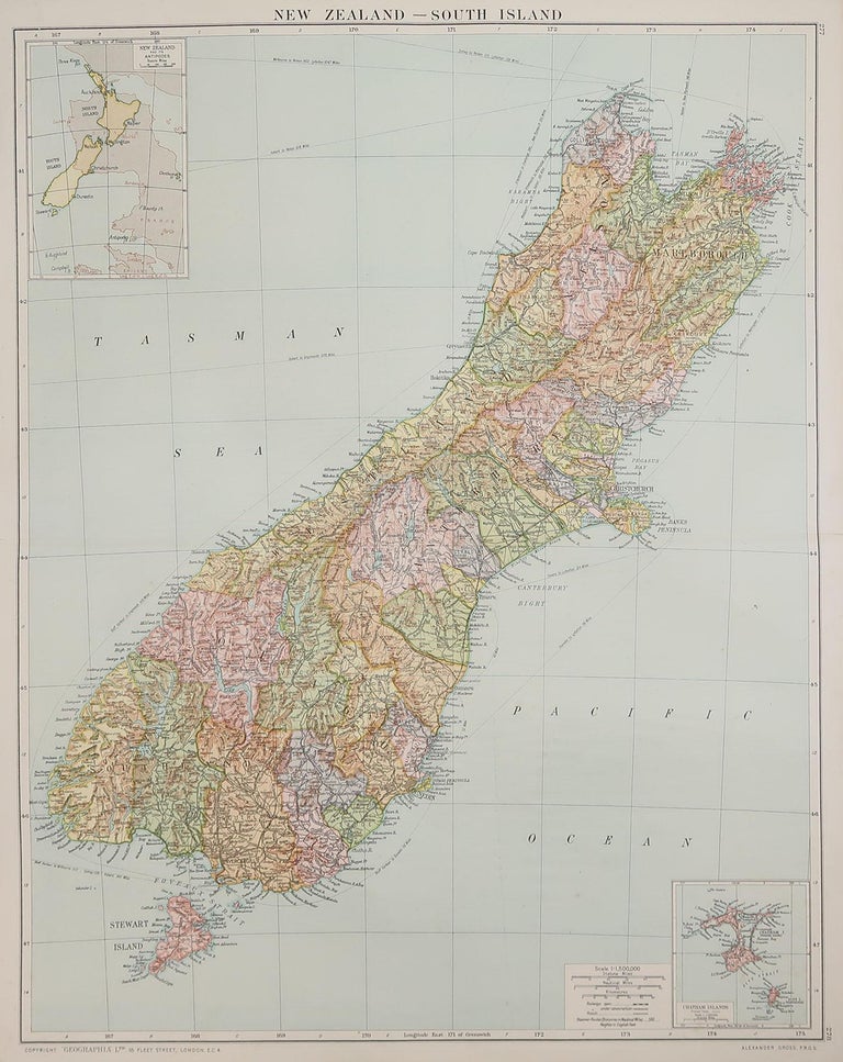 Large Original Vintage Map of New Zealand, South Island, circa 1920 For — free download