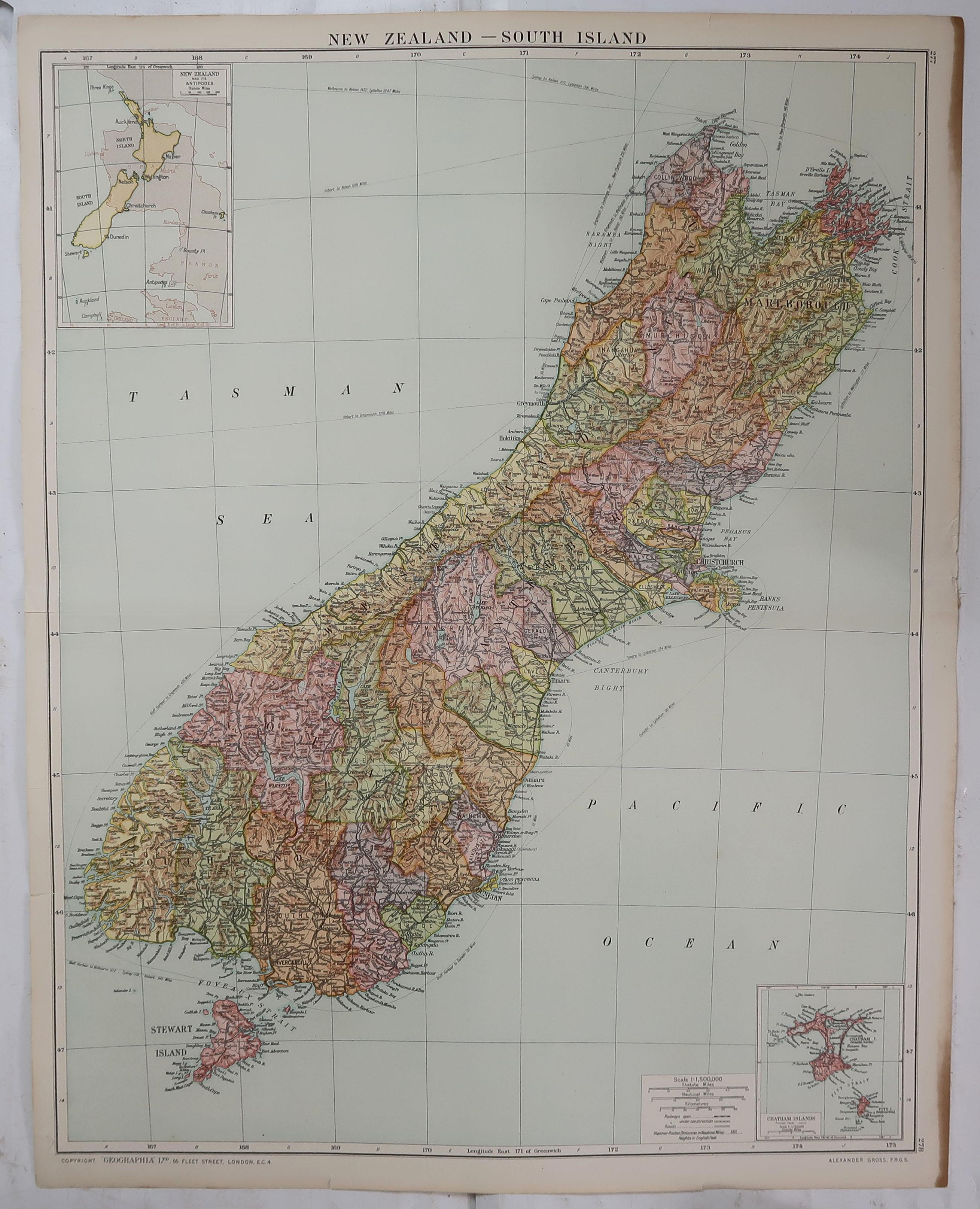 Edwardian Large Original Vintage Map of New Zealand, South Island, circa 1920