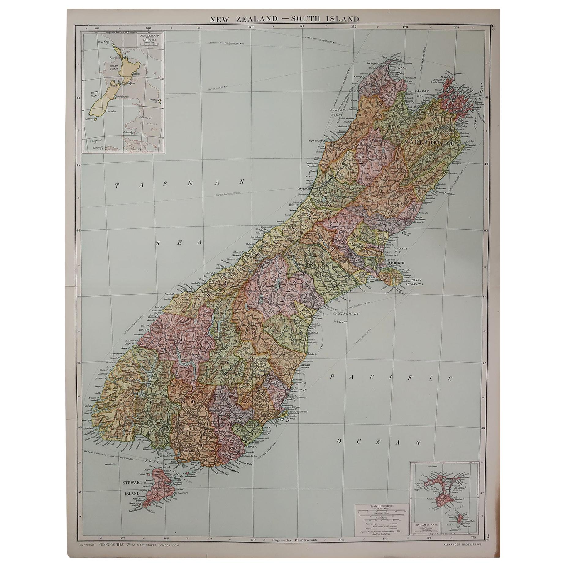 Large Original Vintage Map of New Zealand, South Island, circa 1920
