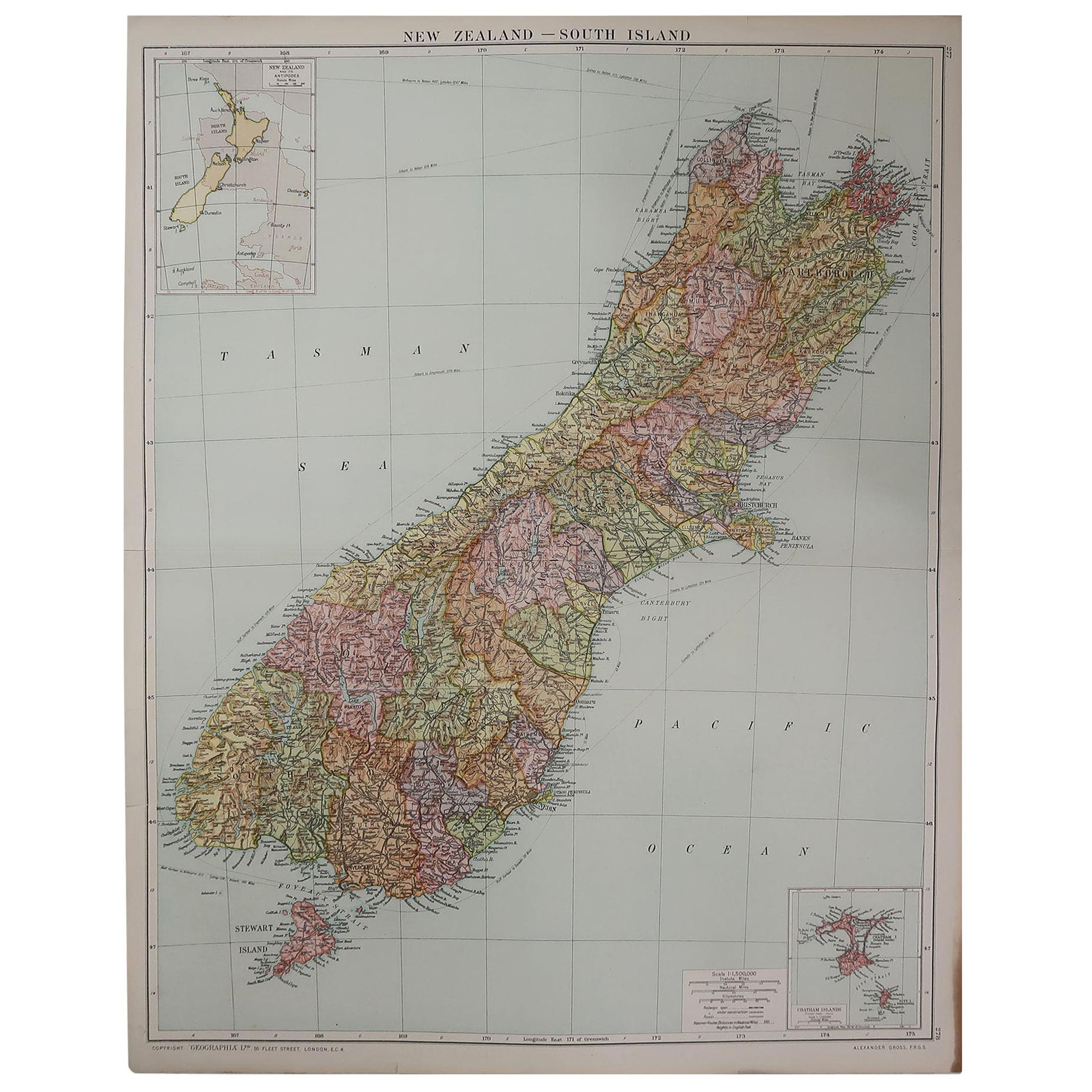 Large Original Vintage Map of New Zealand, South Island, circa 1920
