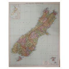 Large Original Vintage Map of New Zealand, South Island, circa 1920