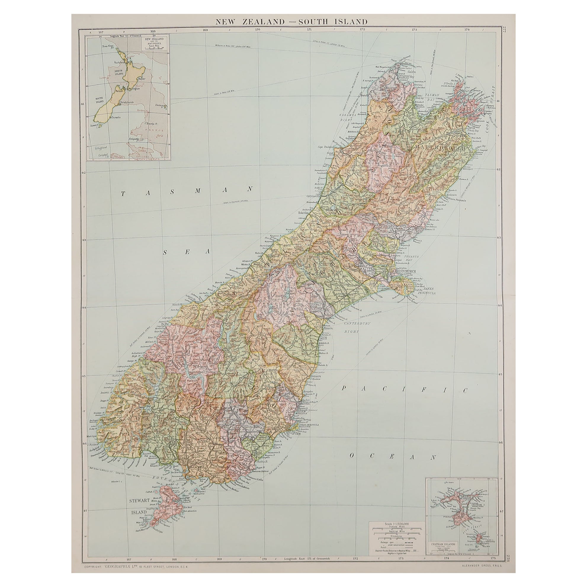 Grande mappa originale d'epoca della Nuova Zelanda, Isola del Sud, circa 1920