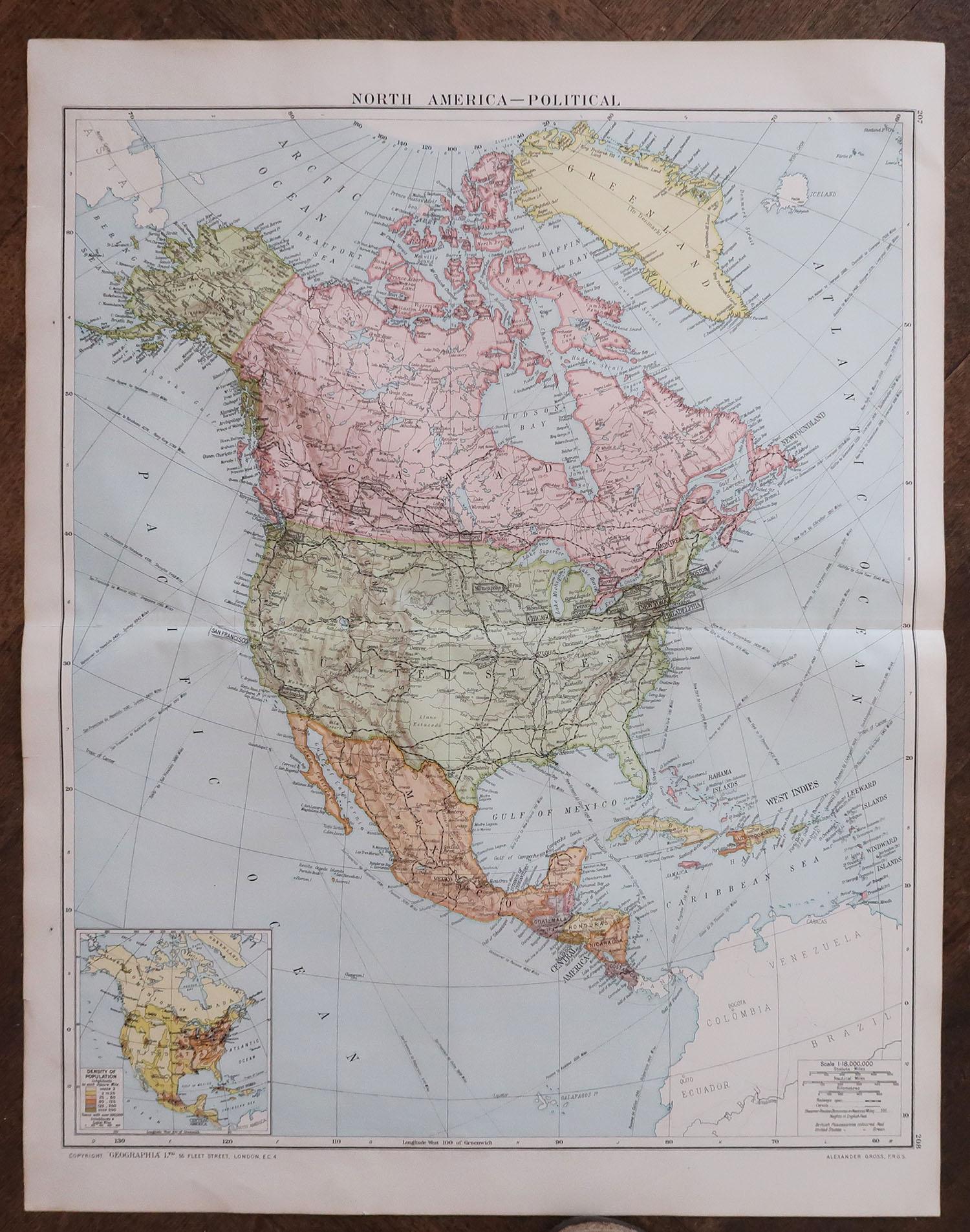 Edwardian Large Original Vintage Map of North America, circa 1920 For Sale