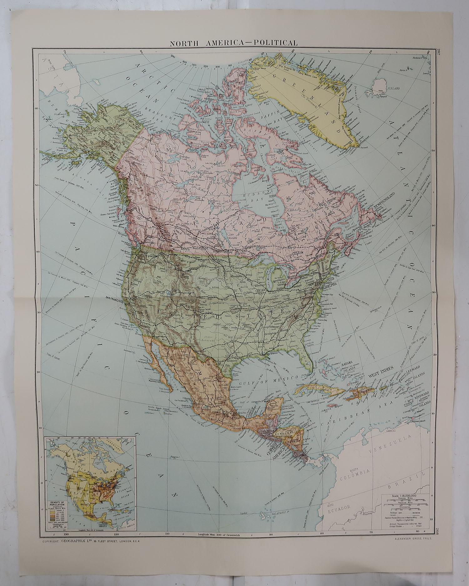 English Large Original Vintage Map of North America, circa 1920