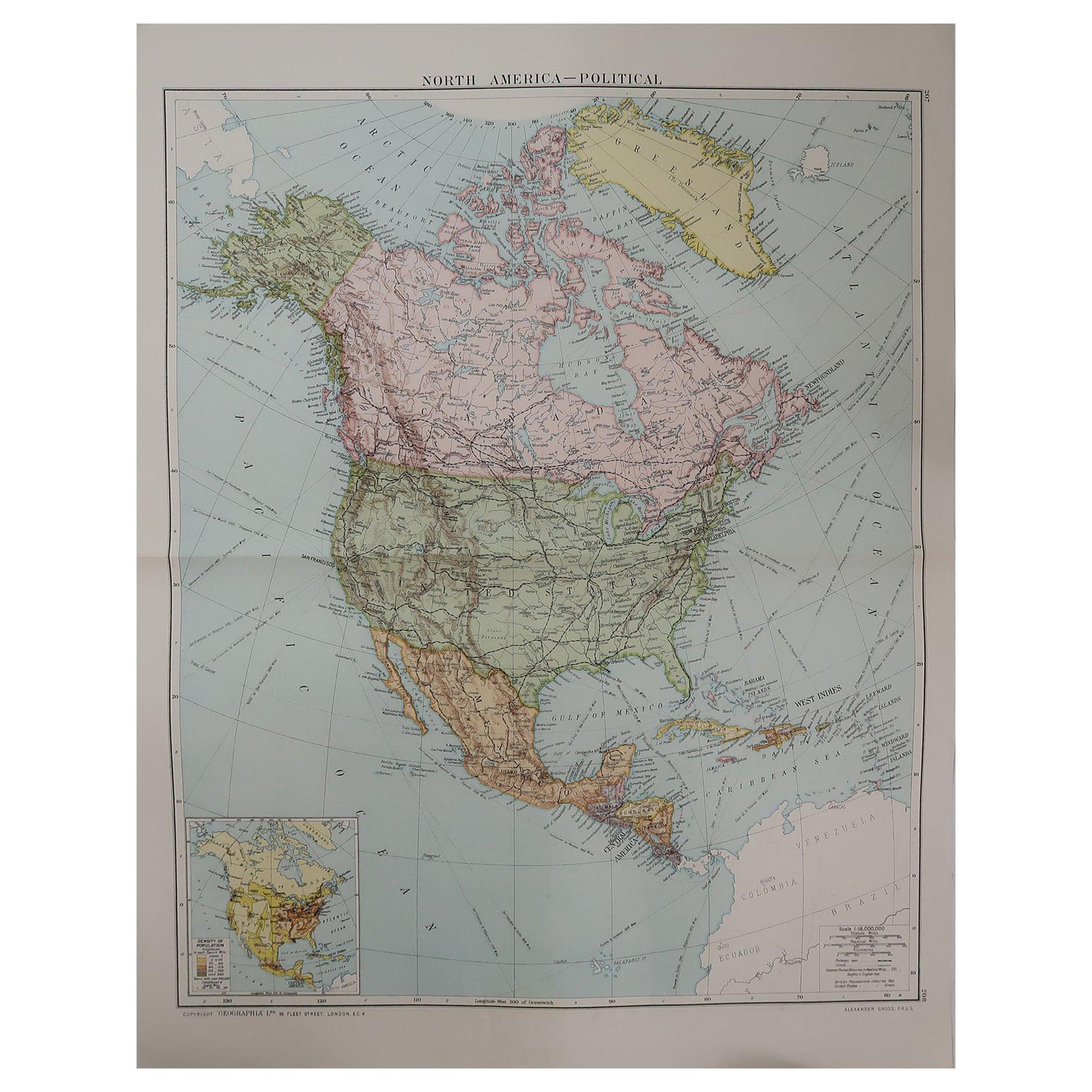 Large Original Vintage Map of North America, circa 1920