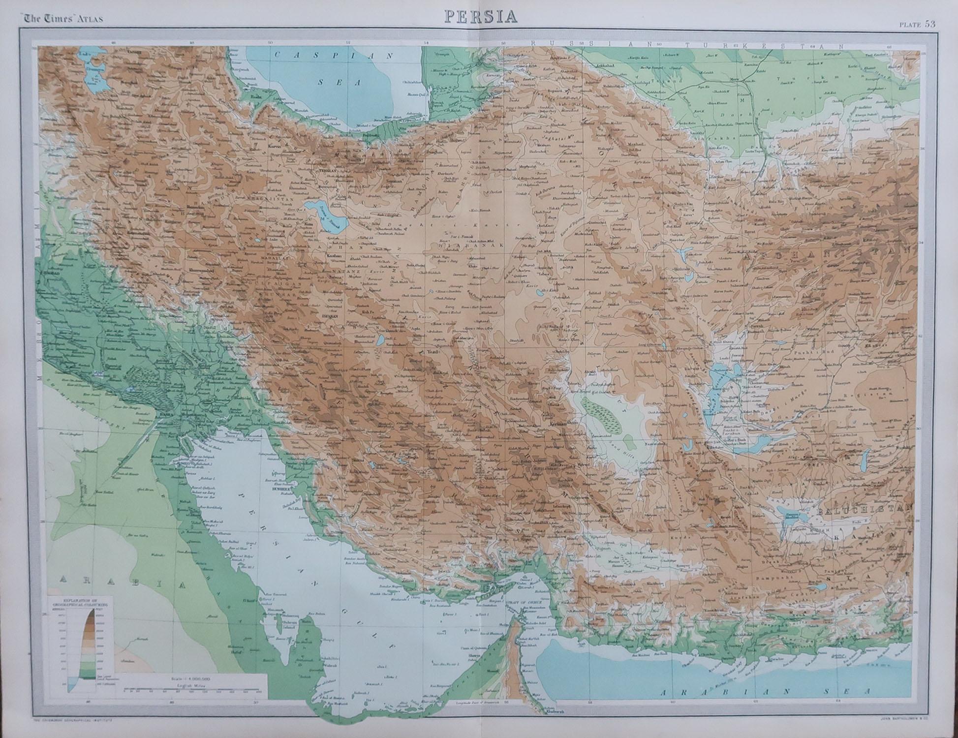 Great maps of Persia.

Unframed.

Original color.

By John Bartholomew and Co. Edinburgh Geographical Institute.

Published, circa 1920.

Free shipping.
 