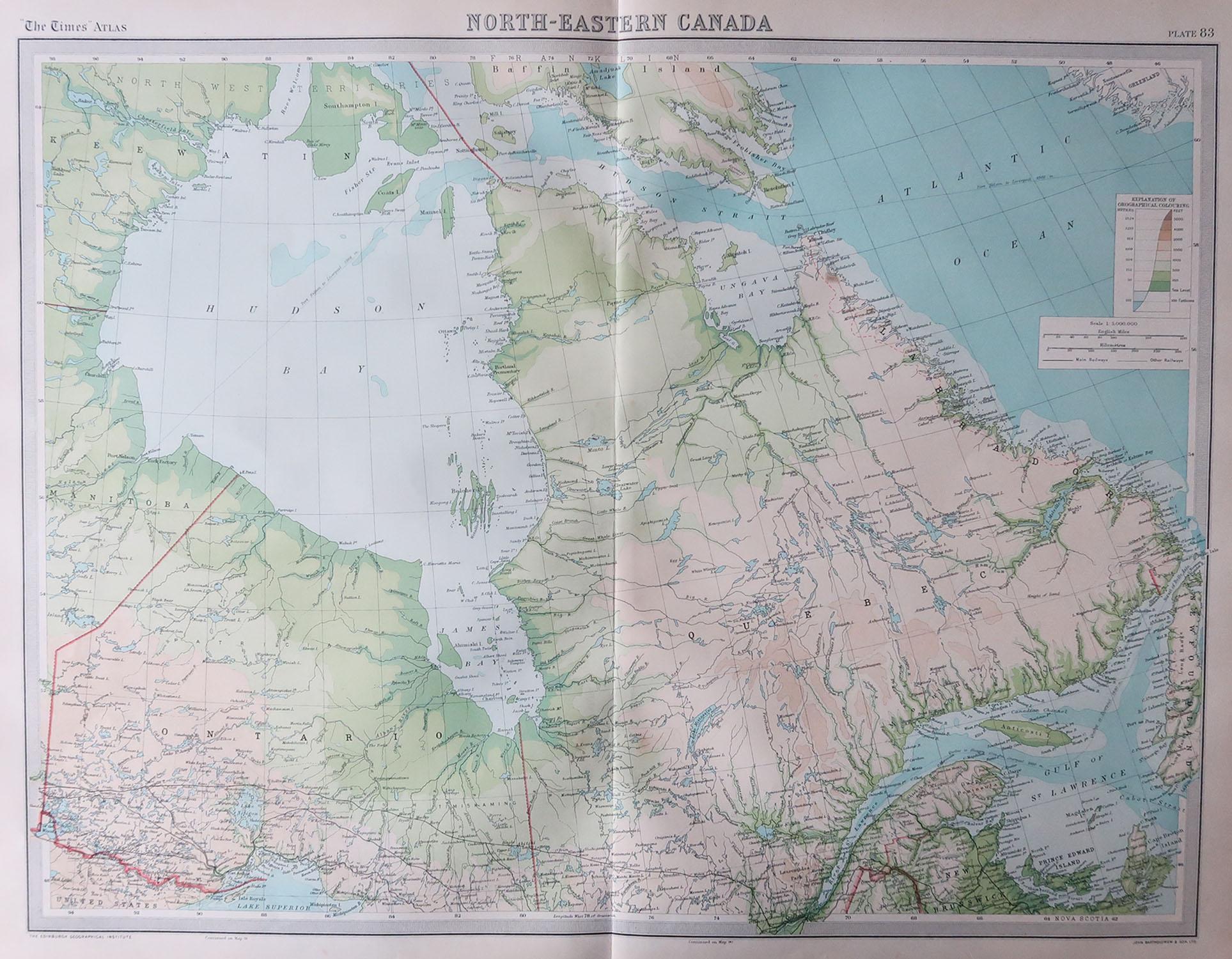 Great map of Quebec and Ontario.

Unframed

Original color

By John Bartholomew and Co. Edinburgh Geographical Institute

Published, circa 1920

Free shipping.
 