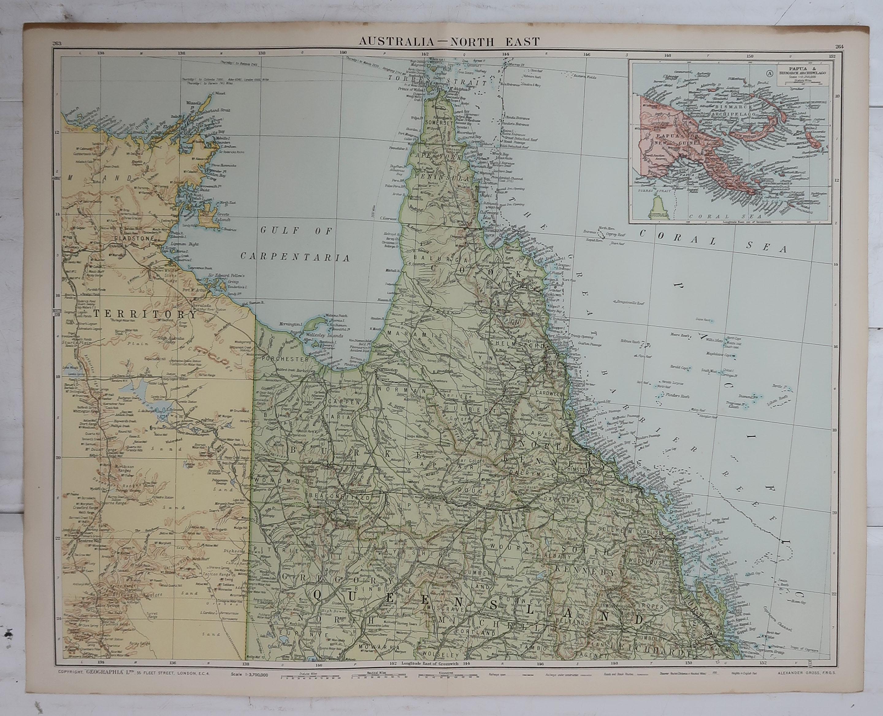 English Large Original Vintage Map of Queensland, Australia, circa 1920