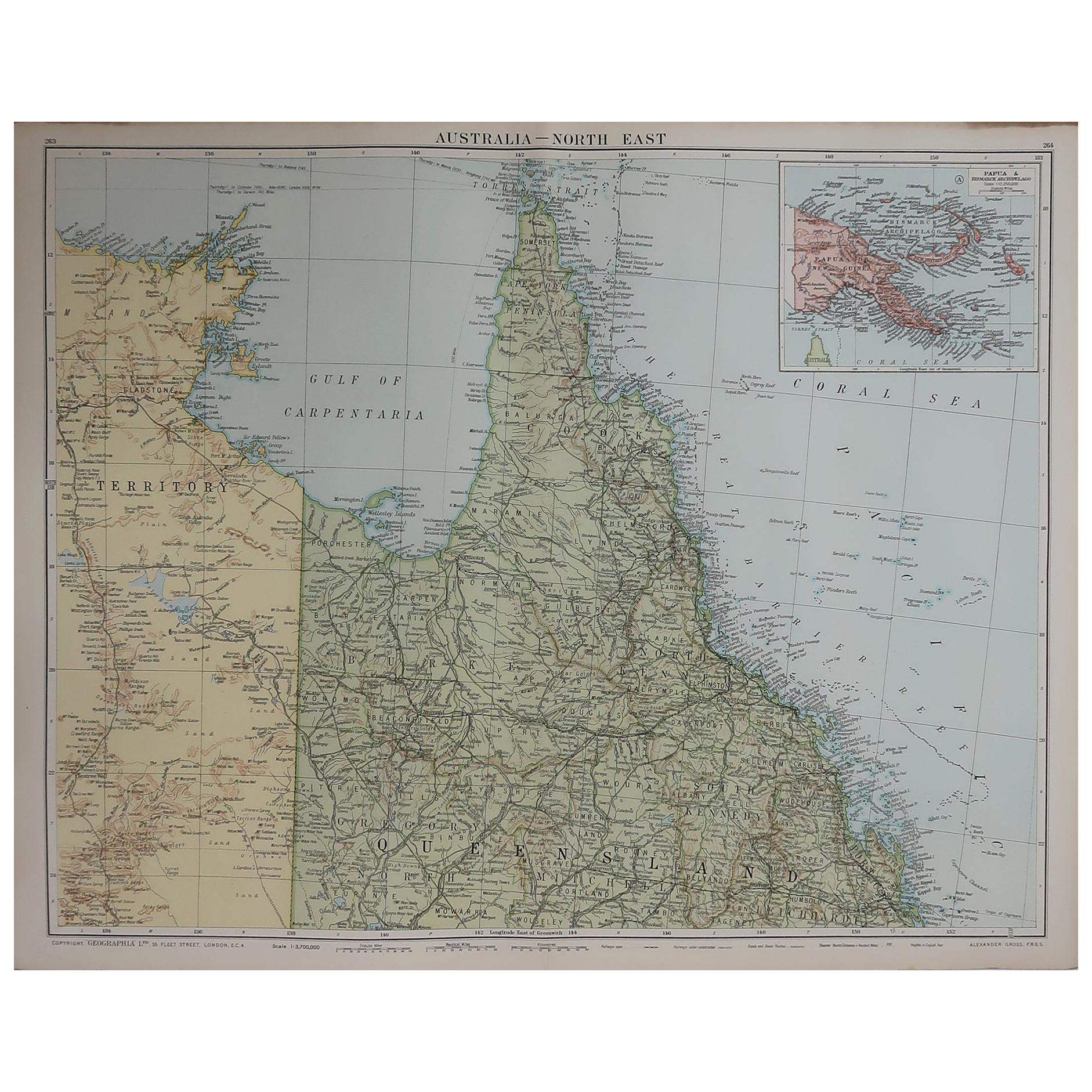 Large Original Vintage Map of Queensland, Australia, circa 1920
