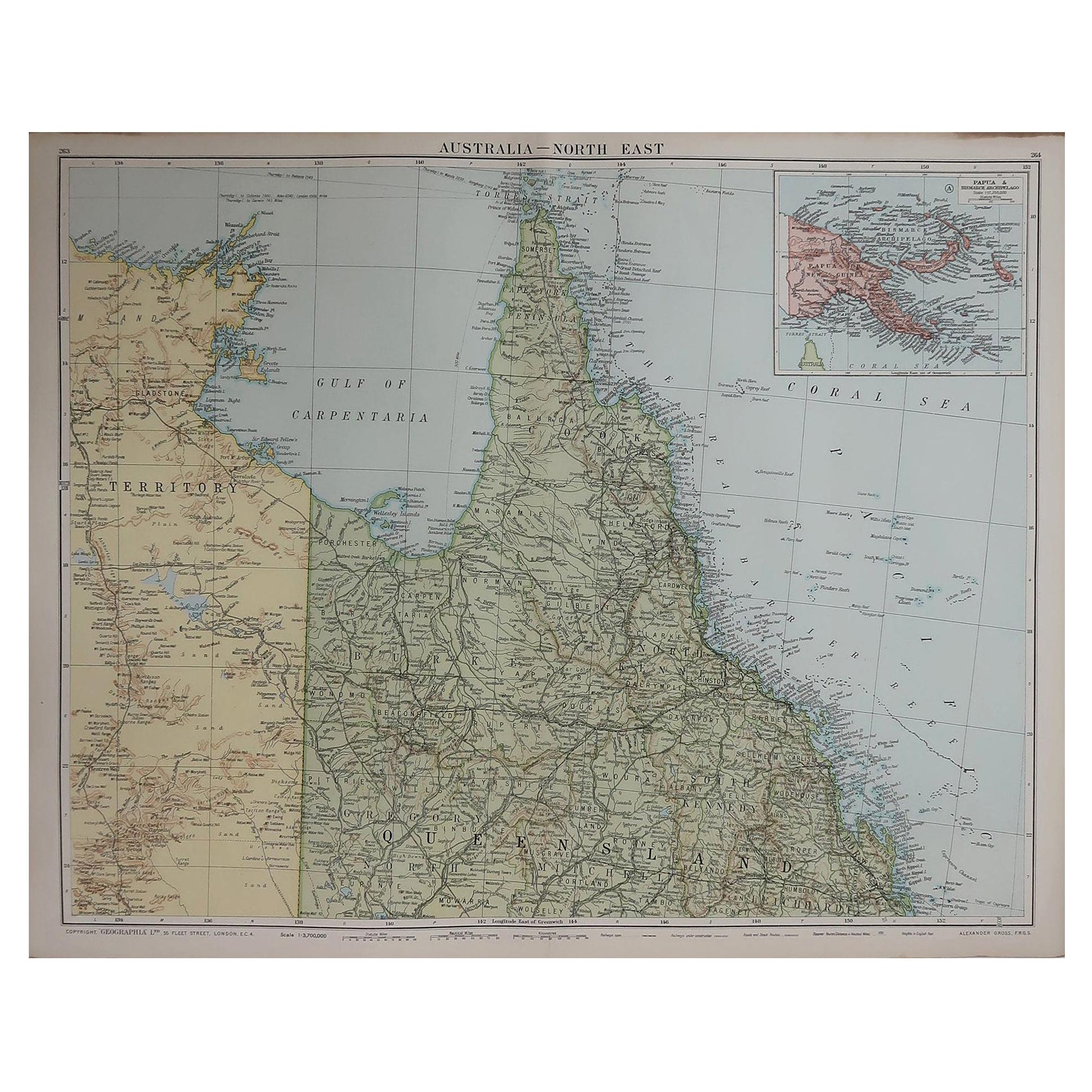 Large Original Vintage Map of Queensland, Australia, circa 1920