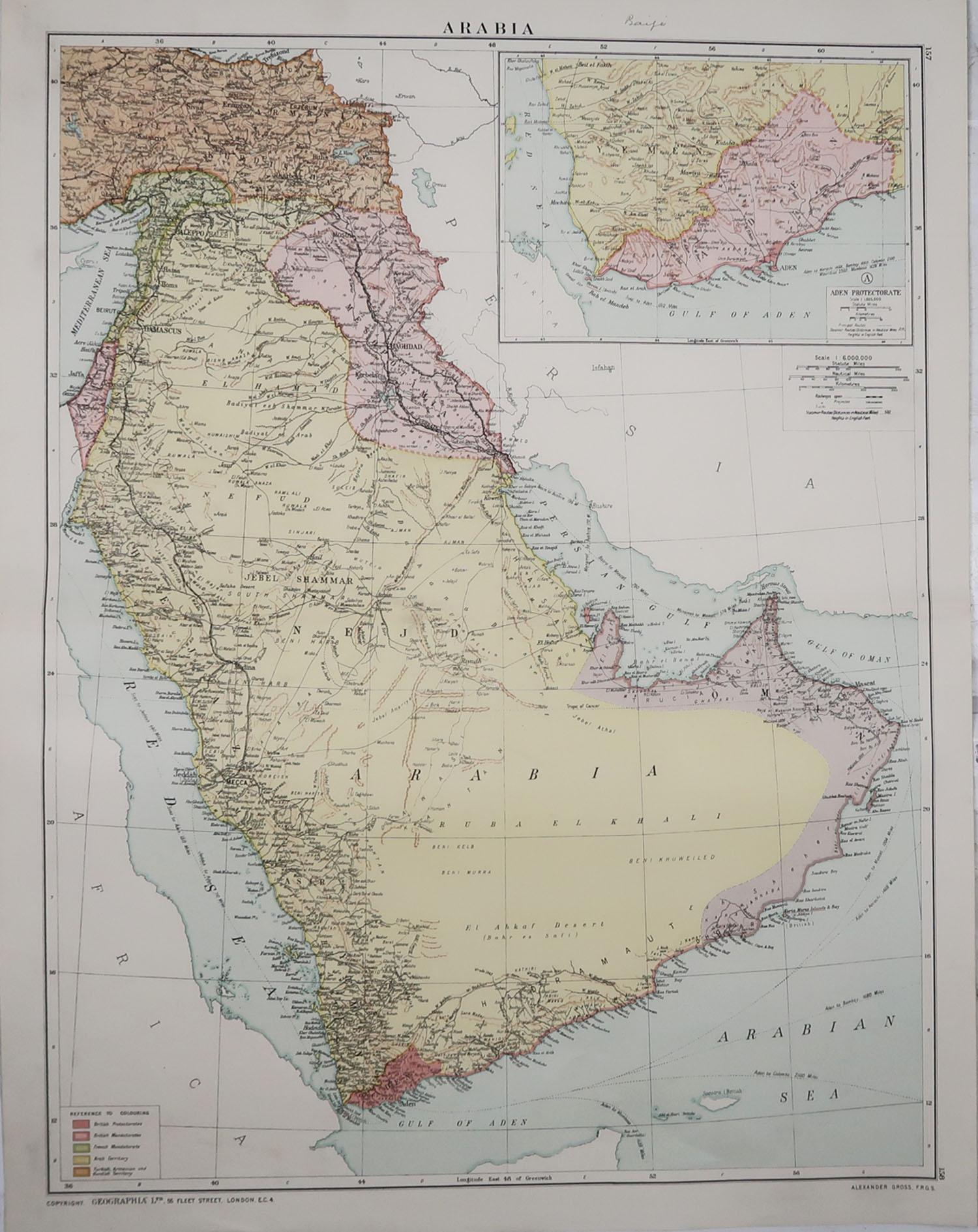 Great map of Saudi Arabia

Original color. Good condition

Published by Alexander Gross

Unframed.








 