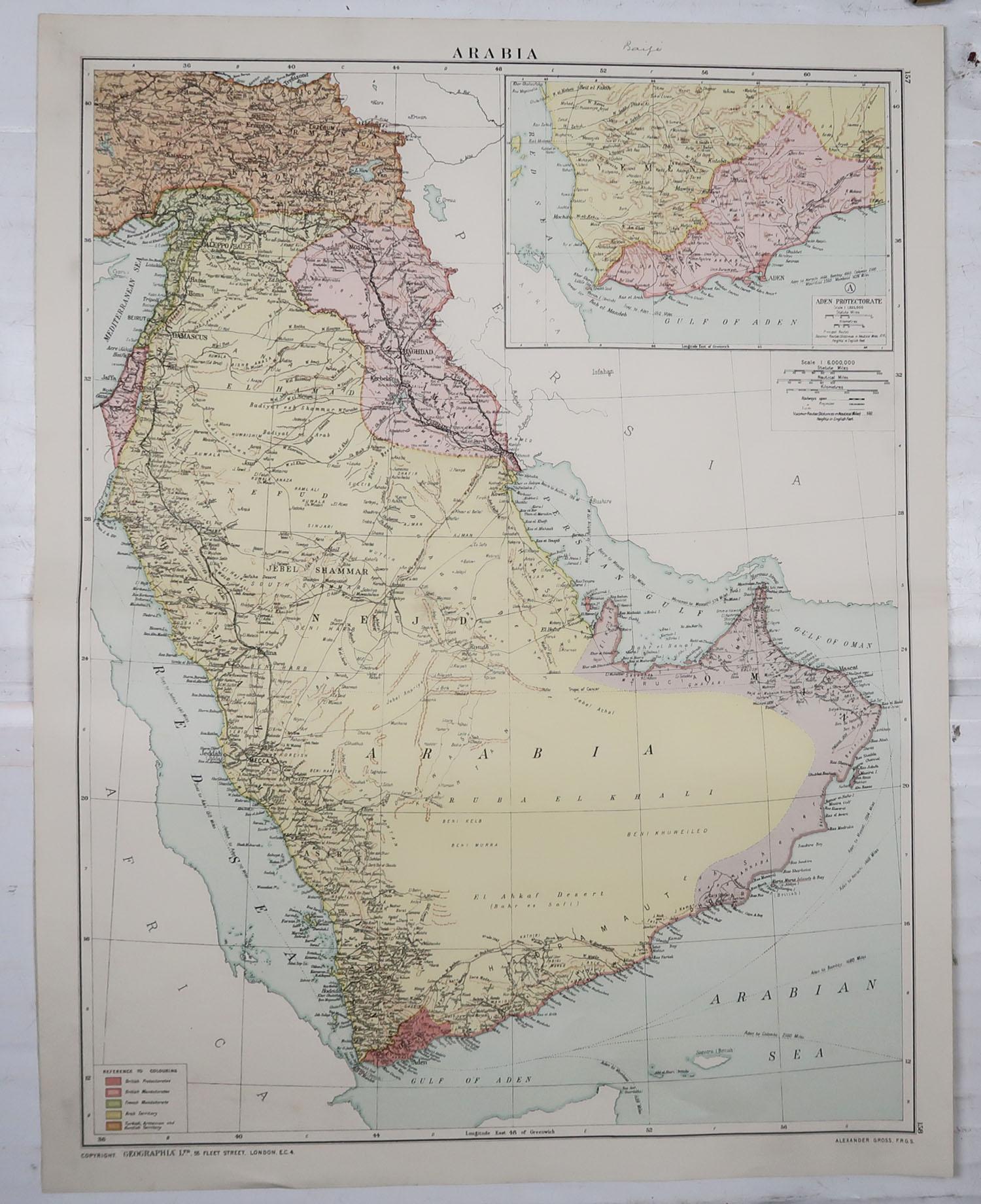 English Large Original Vintage Map of Saudi Arabia, circa 1920
