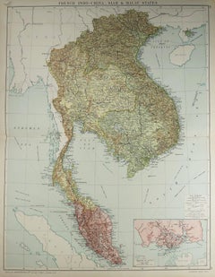 Large Original Vintage Map of S.E Asia, with a Vignette of Singapore