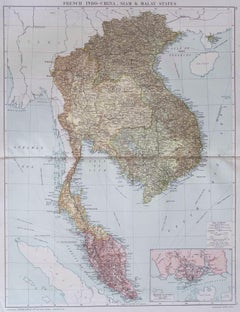 Large Original Vintage Map of S.E Asia, with a Vignette of Singapore