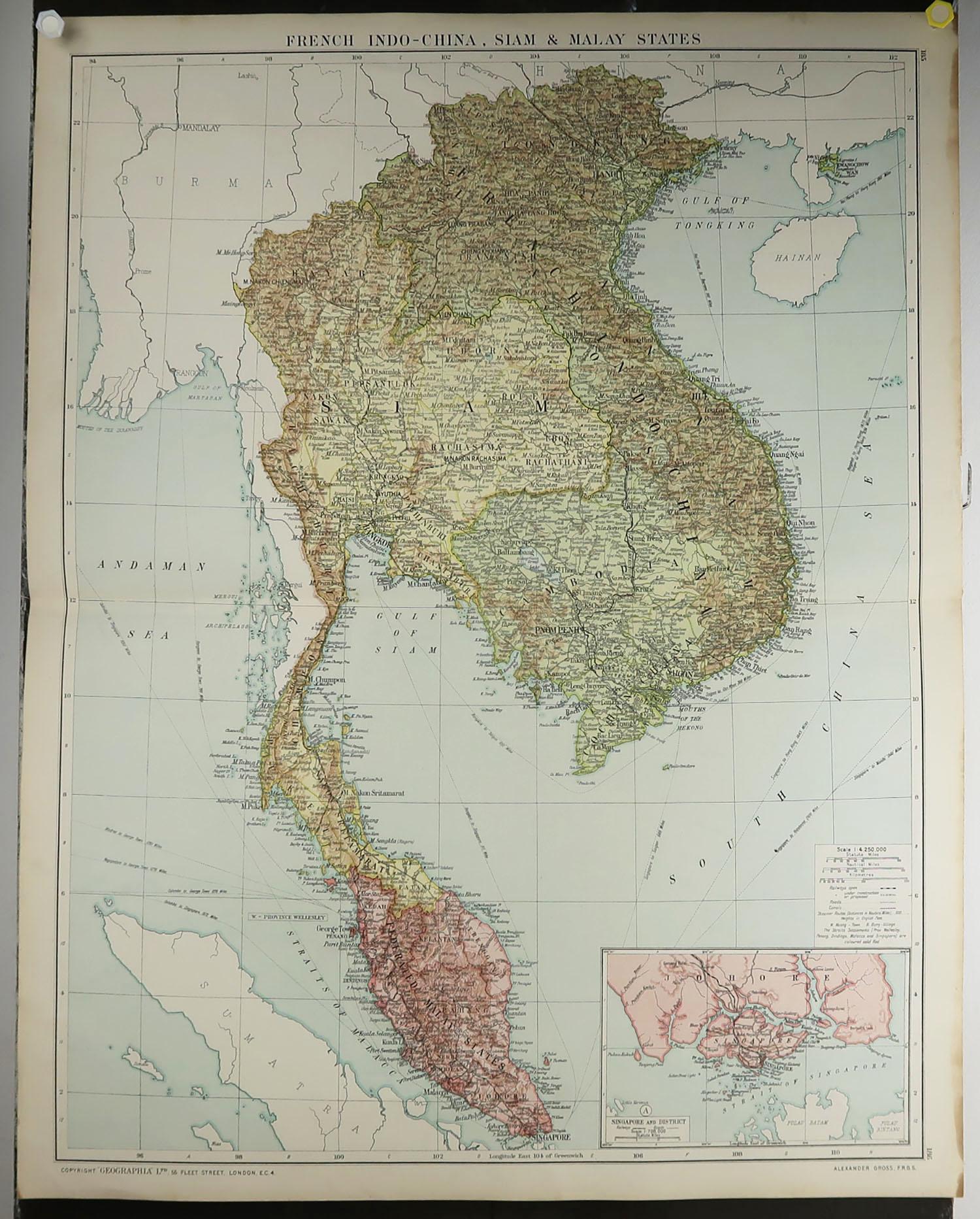 Victorian Large Original Vintage Map of S.E Asia, with a Vignette of Singapore