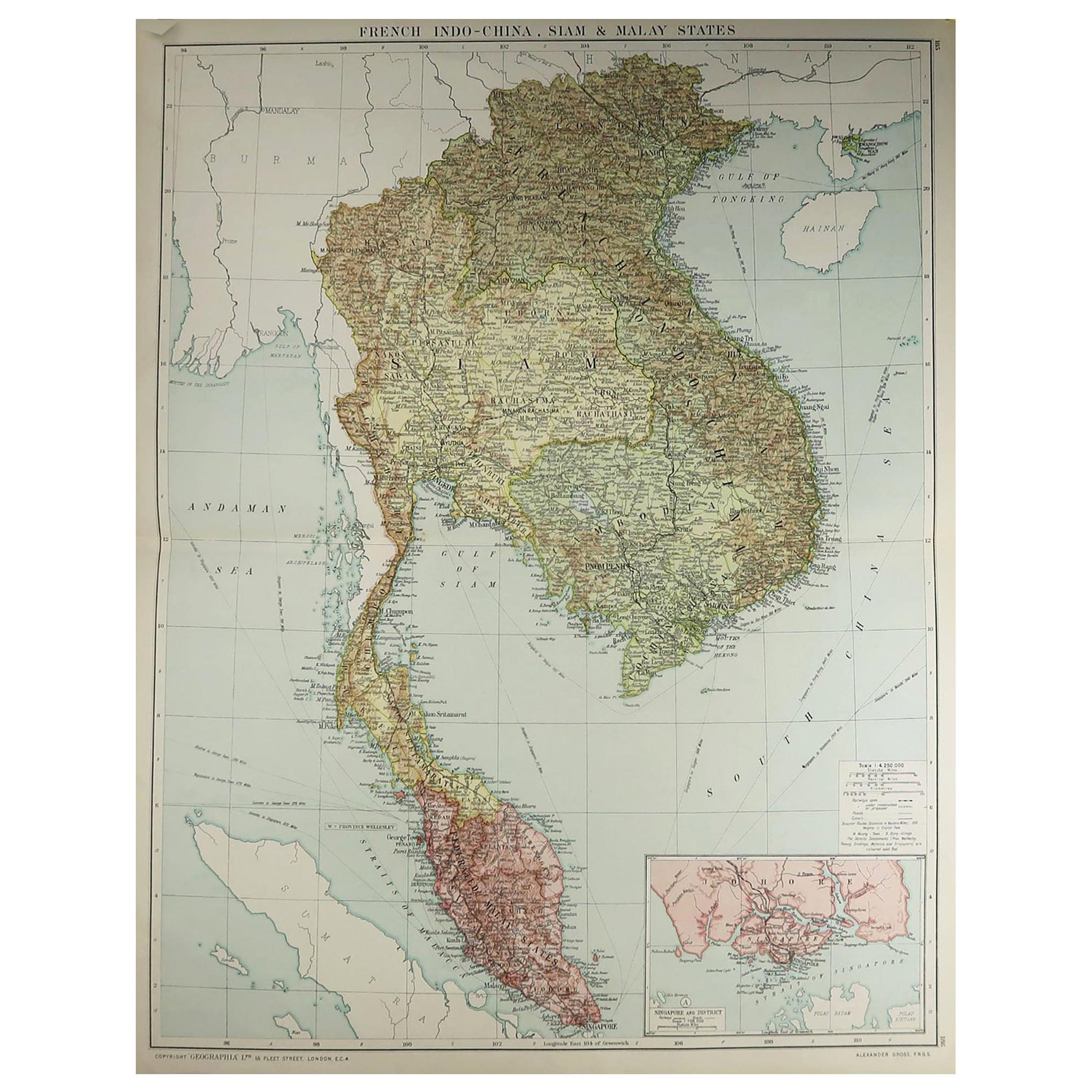 Large Original Vintage Map of S.E Asia, with a Vignette of Singapore