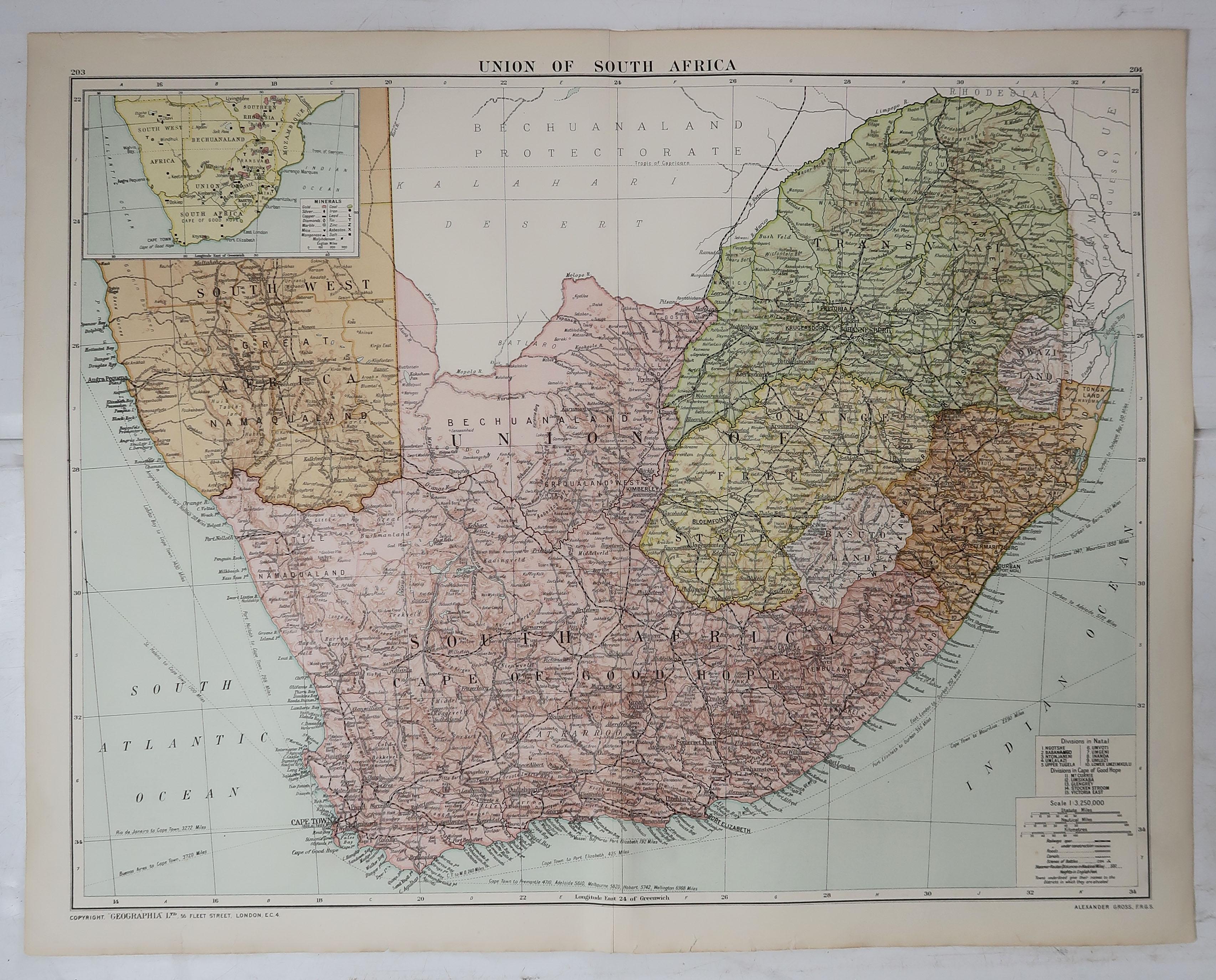 Edwardian Large Original Vintage Map of South Africa, circa 1920