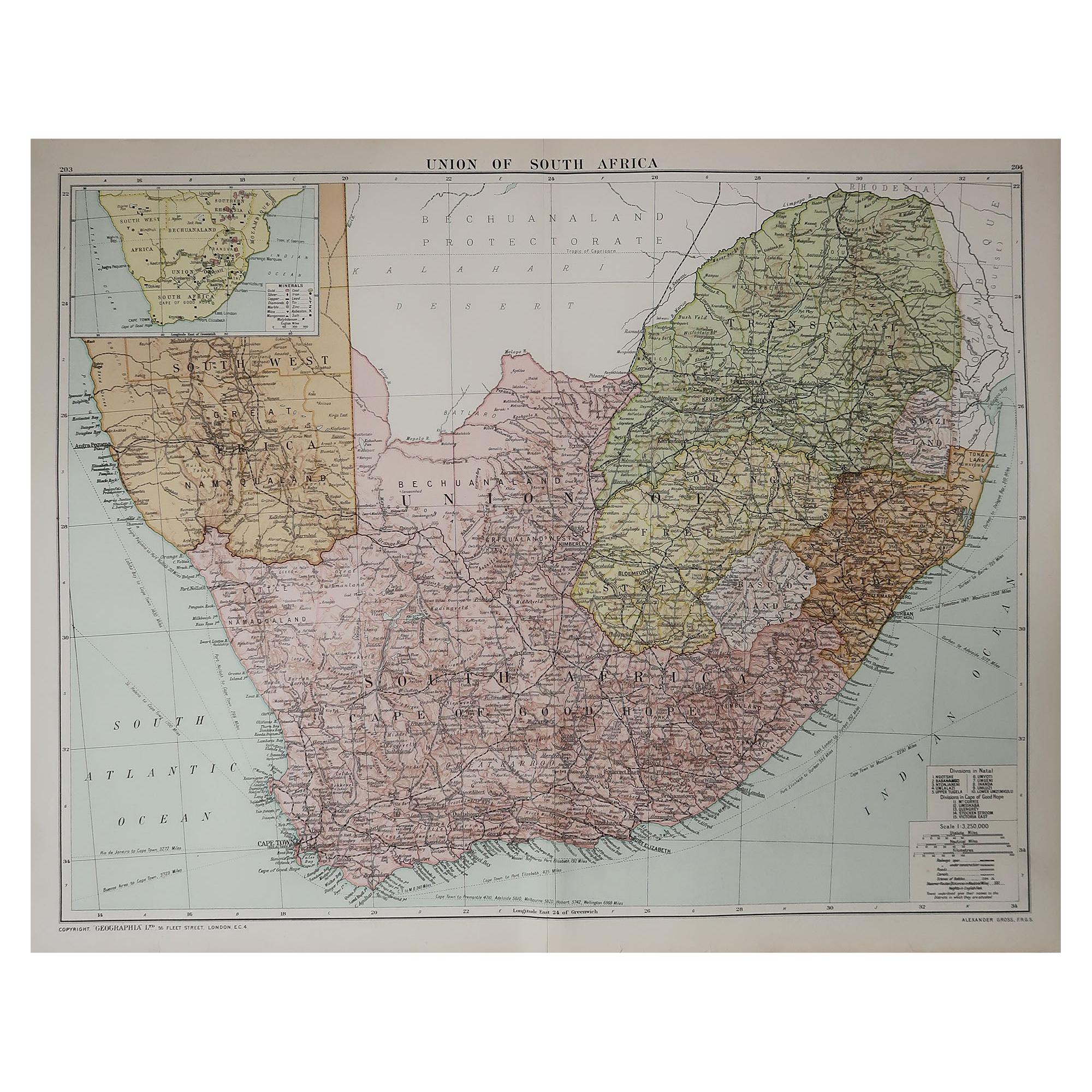 Large Original Vintage Map of South Africa, circa 1920