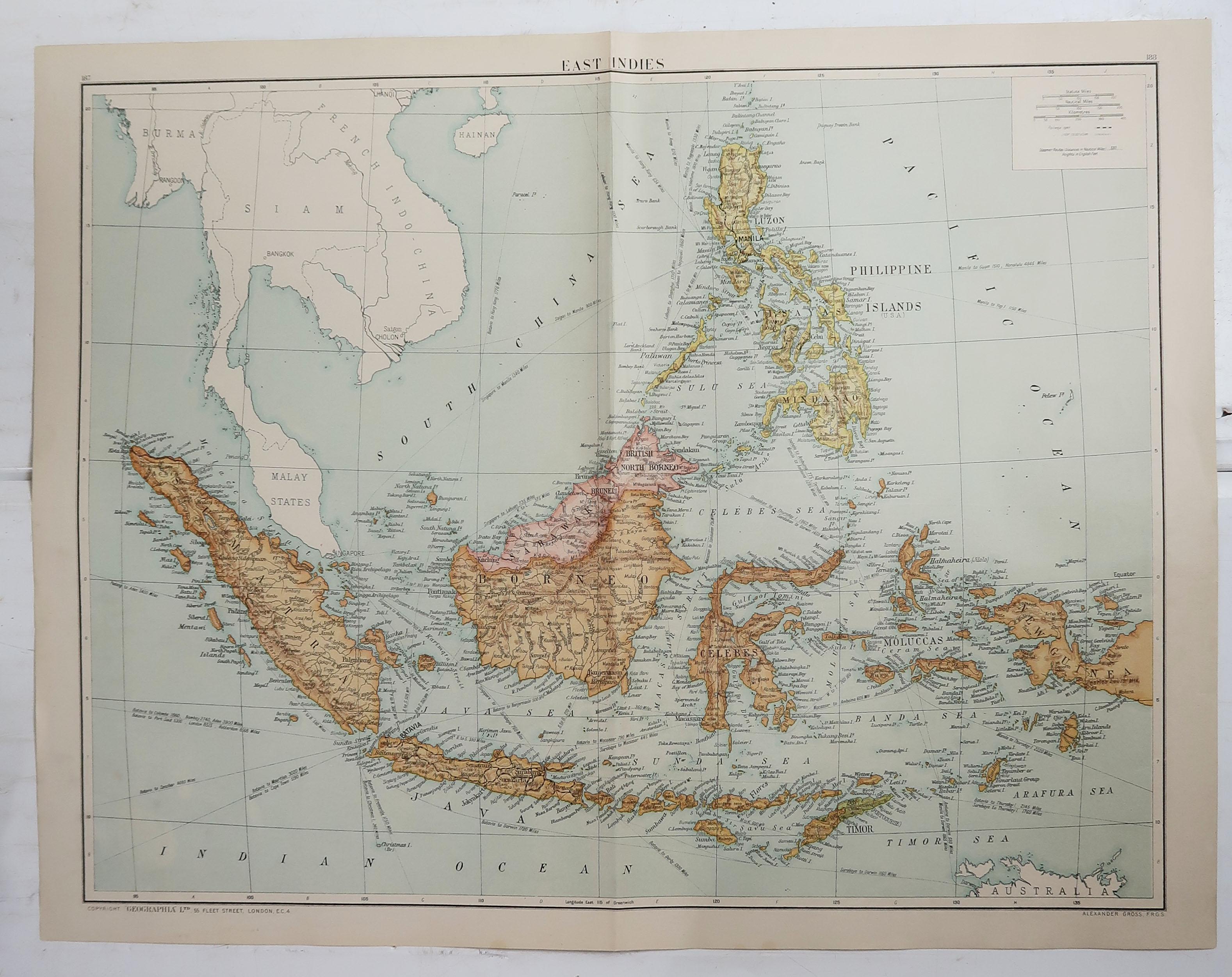 English Large Original Vintage Map of South East Asia, circa 1920