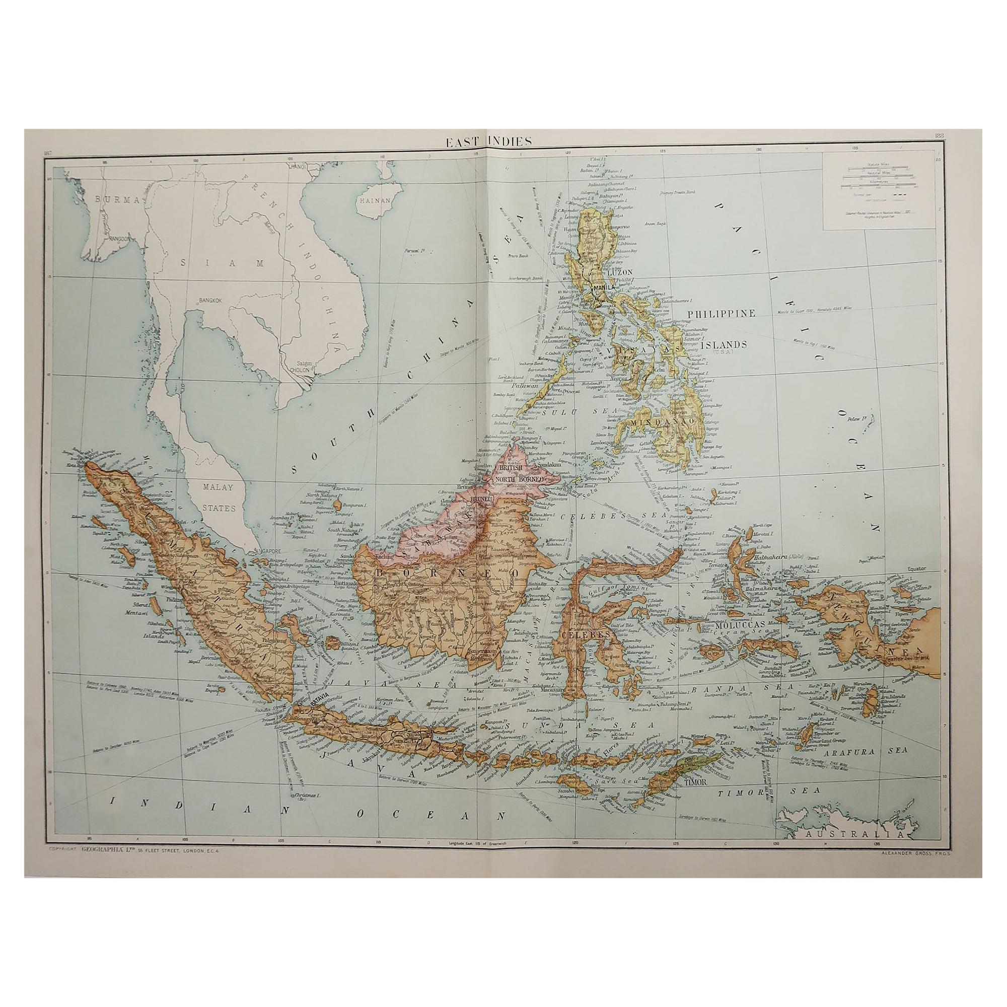 Large Original Vintage Map of South East Asia, circa 1920 For Sale