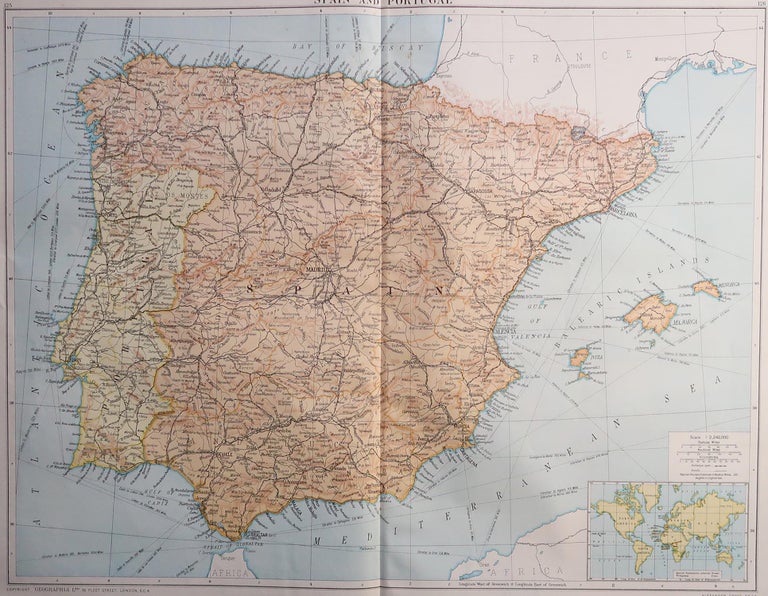 Large Original Vintage Map of Spain, circa 1920 For Sale at 1stDibs