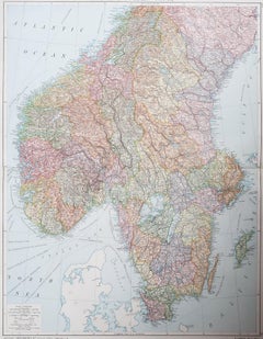 Large Original Vintage Map of Sweden and Norway circa 1920