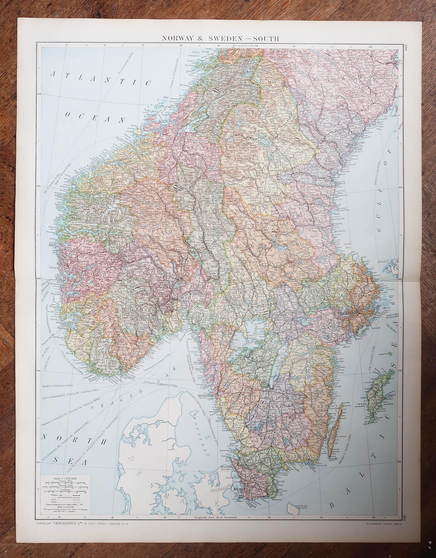 Victorian Large Original Vintage Map of Sweden and Norway circa 1920 For Sale