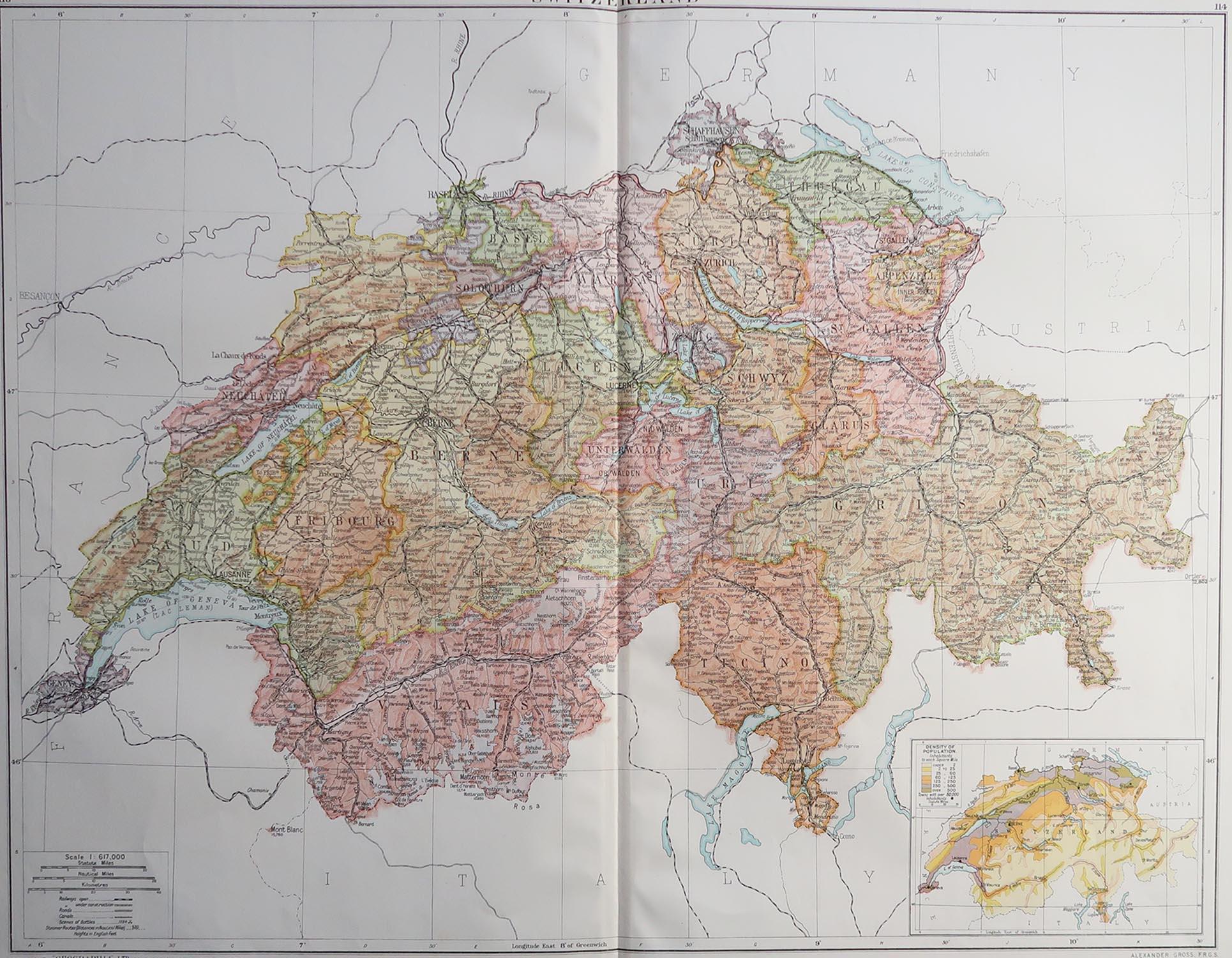 Great map of Switzerland

Original color.

Good condition 

Published by Alexander Gross

Unframed.








 